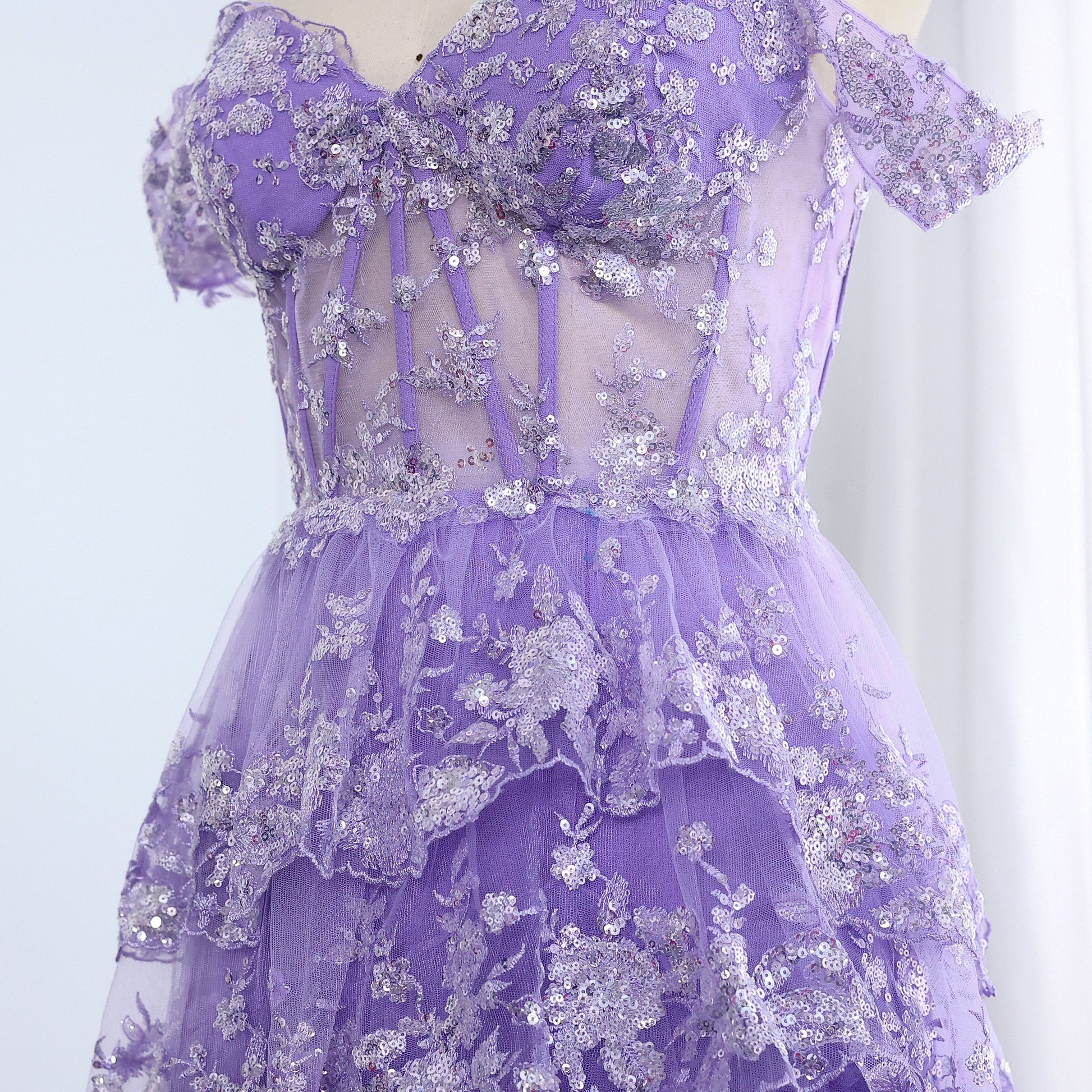 High Slit and Sequins Off-Shoulder Lace Ruffled A-Line Evening Gown SH150 - SHEER FAIRY