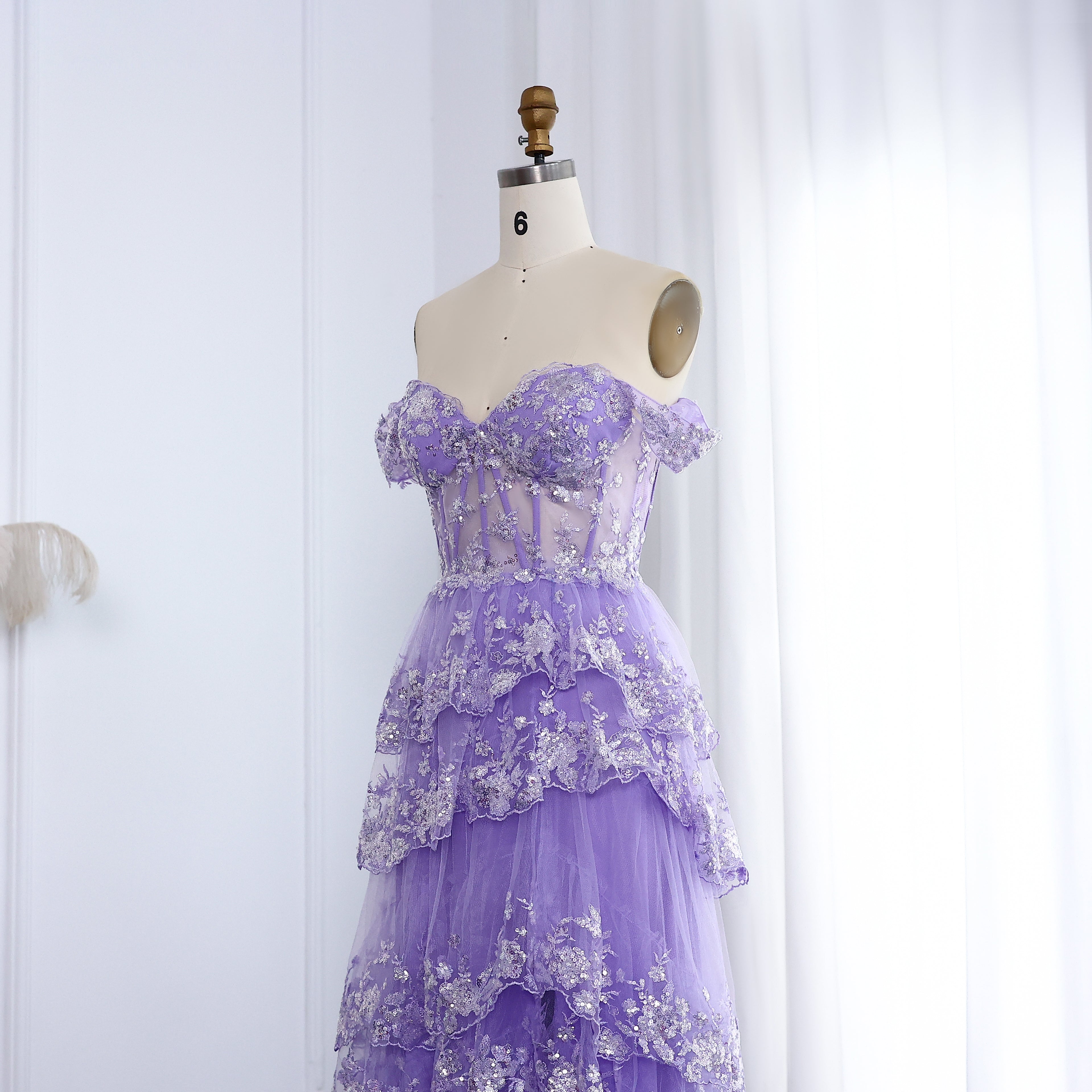 High Slit and Sequins Off-Shoulder Lace Ruffled A-Line Evening Gown SH150 - SHEER FAIRY