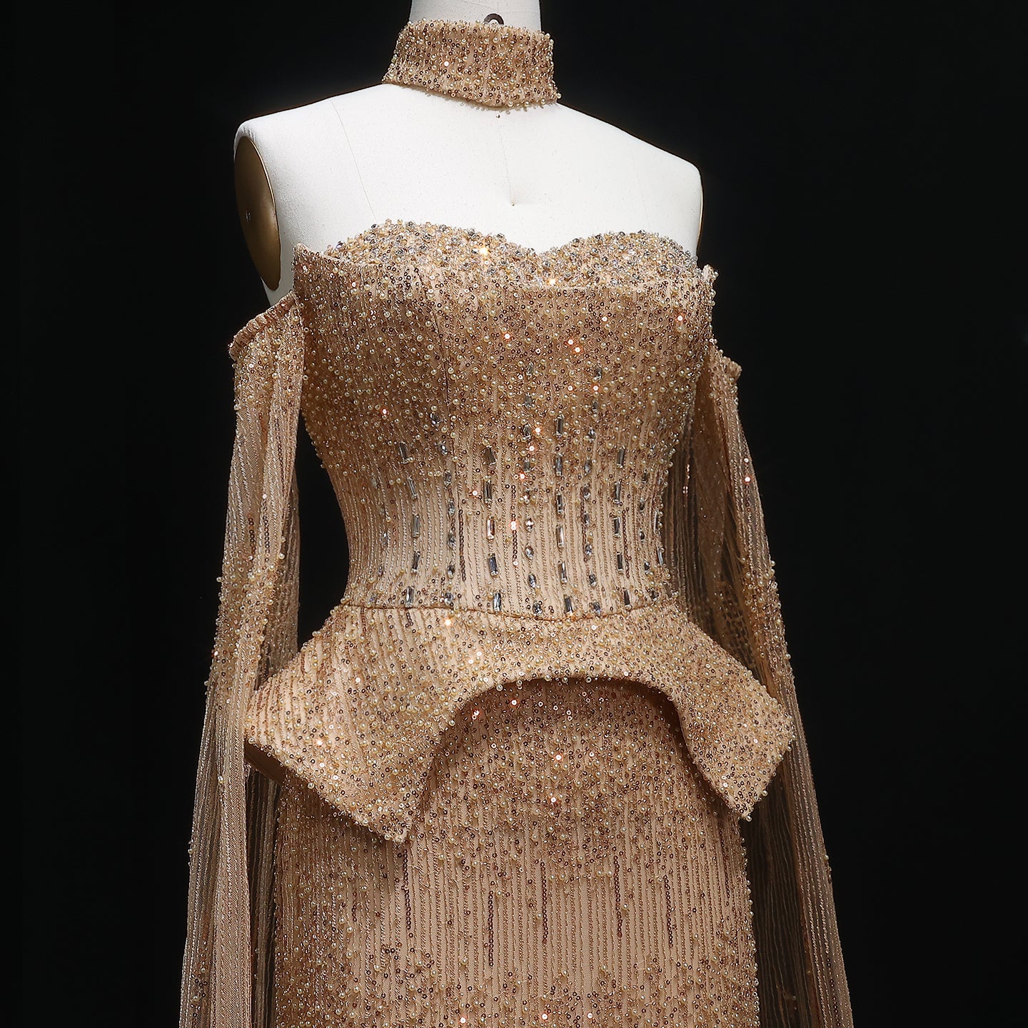 Gold Beaded Off-the-Shoulder Peplum Mermaid Evening Gown with Cape Sleeves & Choker SS558 Sheer Fairy
