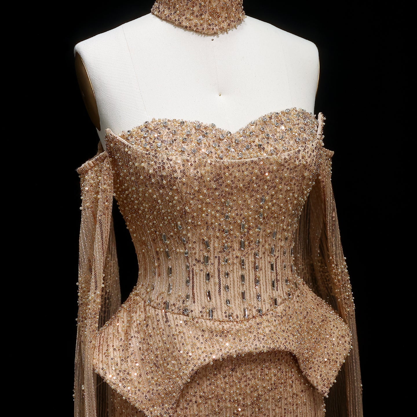 Gold Beaded Off-the-Shoulder Peplum Mermaid Evening Gown with Cape Sleeves & Choker SS558 Sheer Fairy