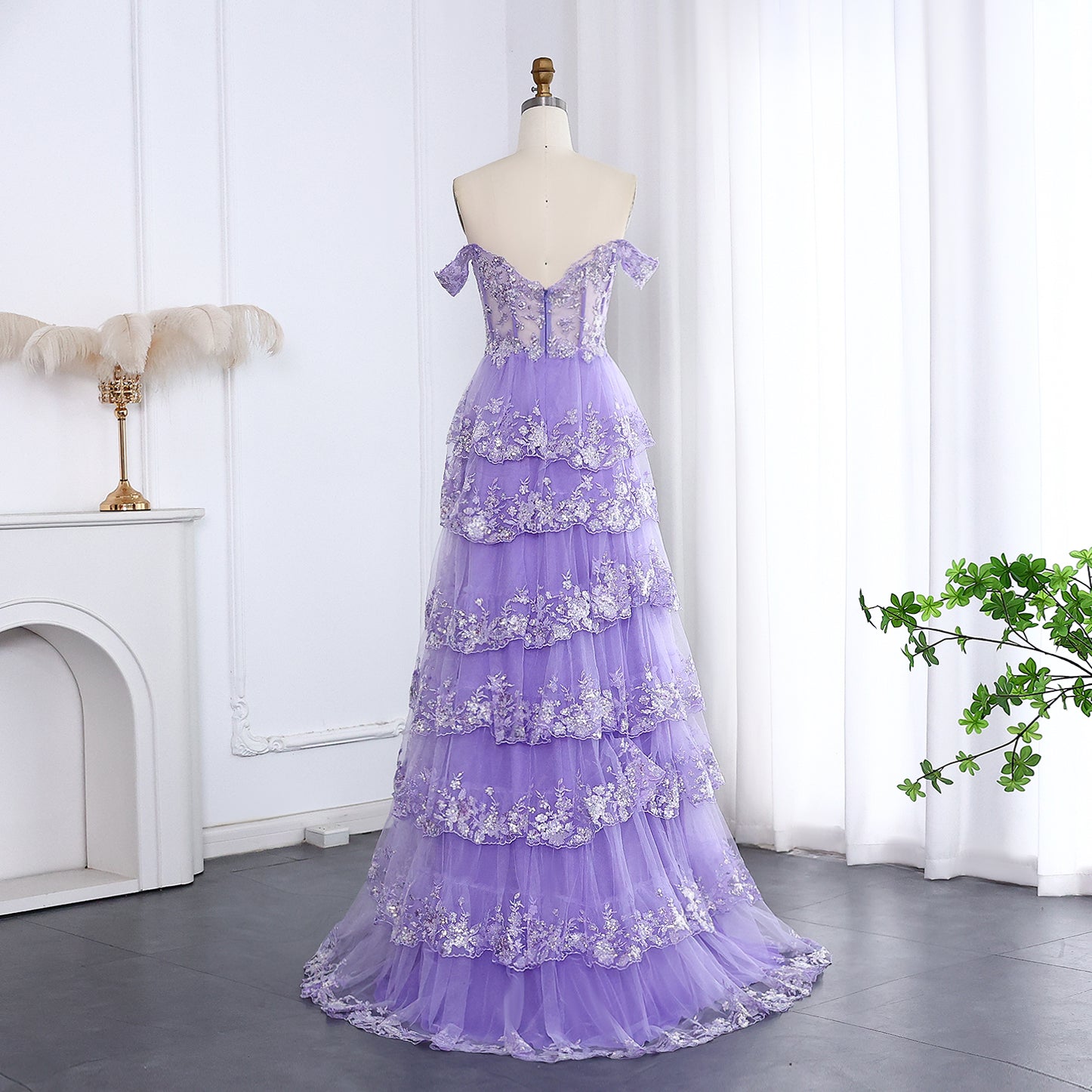 High Slit and Sequins Off-Shoulder Lace Ruffled A-Line Evening Gown SH150 - SHEER FAIRY