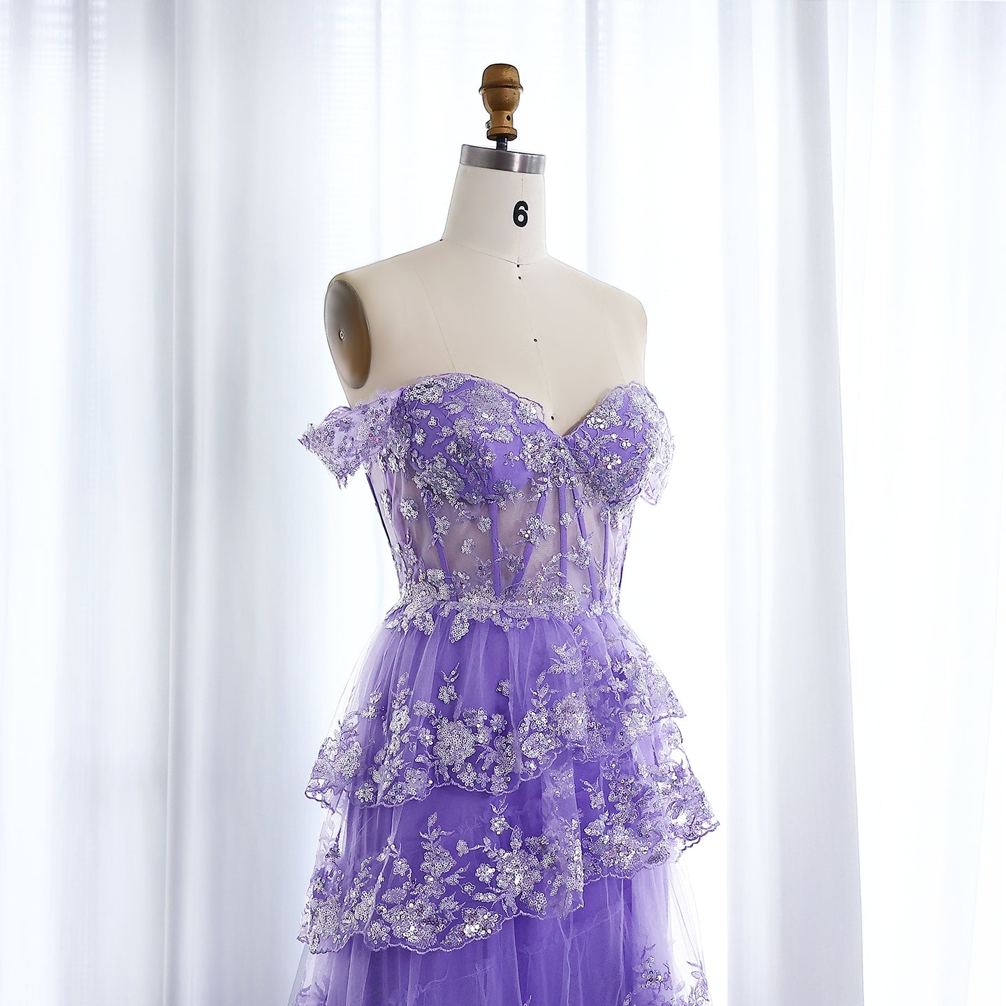 High Slit and Sequins Off-Shoulder Lace Ruffled A-Line Evening Gown SH150 - SHEER FAIRY