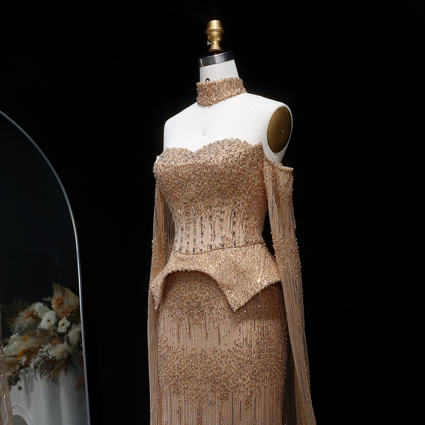 Gold Beaded Off-the-Shoulder Peplum Mermaid Evening Gown with Cape Sleeves & Choker SS558 Sheer Fairy