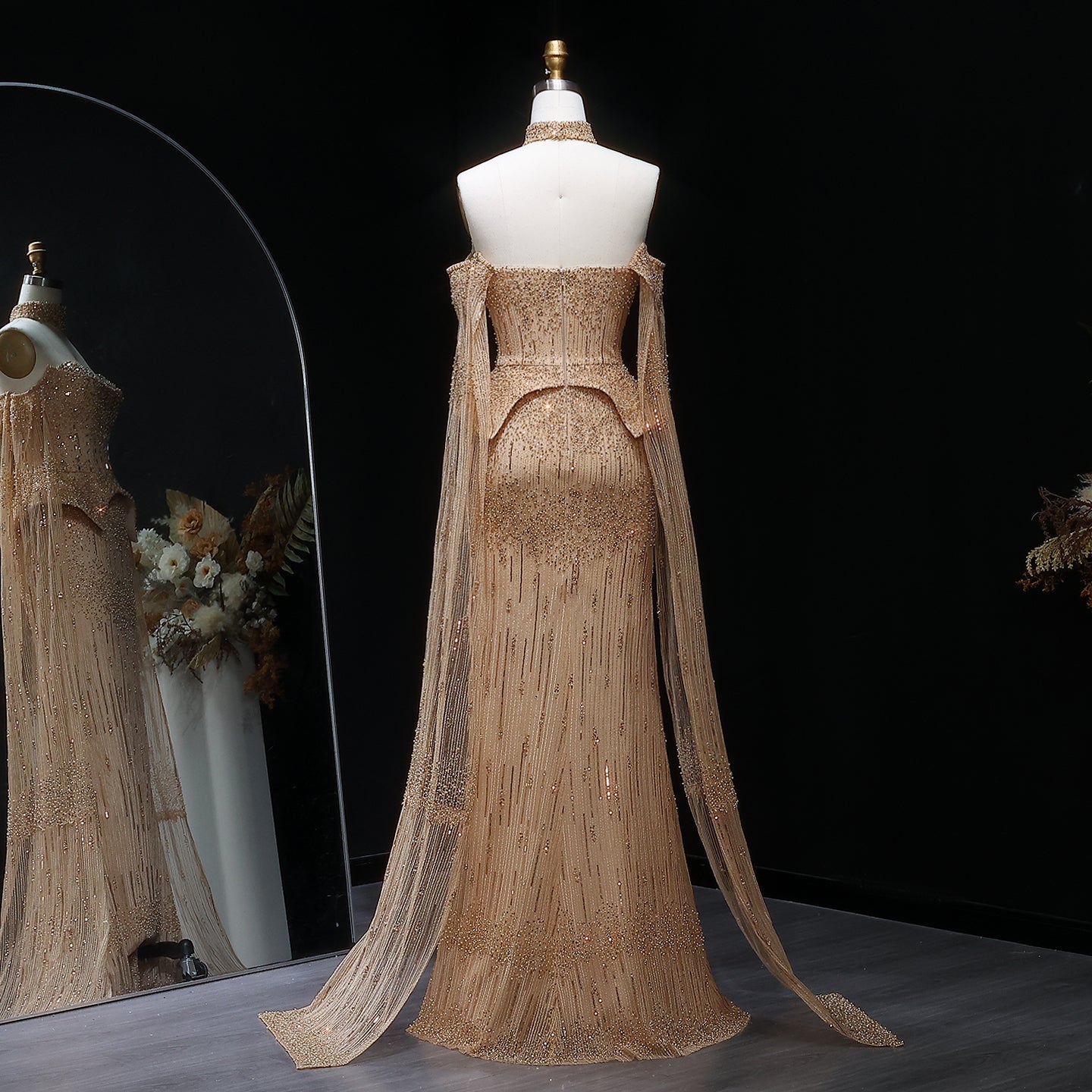 Gold Beaded Off-the-Shoulder Peplum Mermaid Evening Gown with Cape Sleeves & Choker SS558 Sheer Fairy