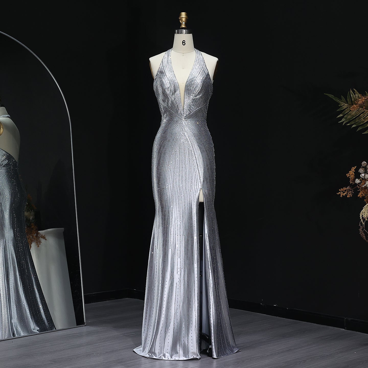Sparkly Crystal Gold Halter Mermaid Prom Dresses with Slit Open Back Long Women Party Evening Gowns