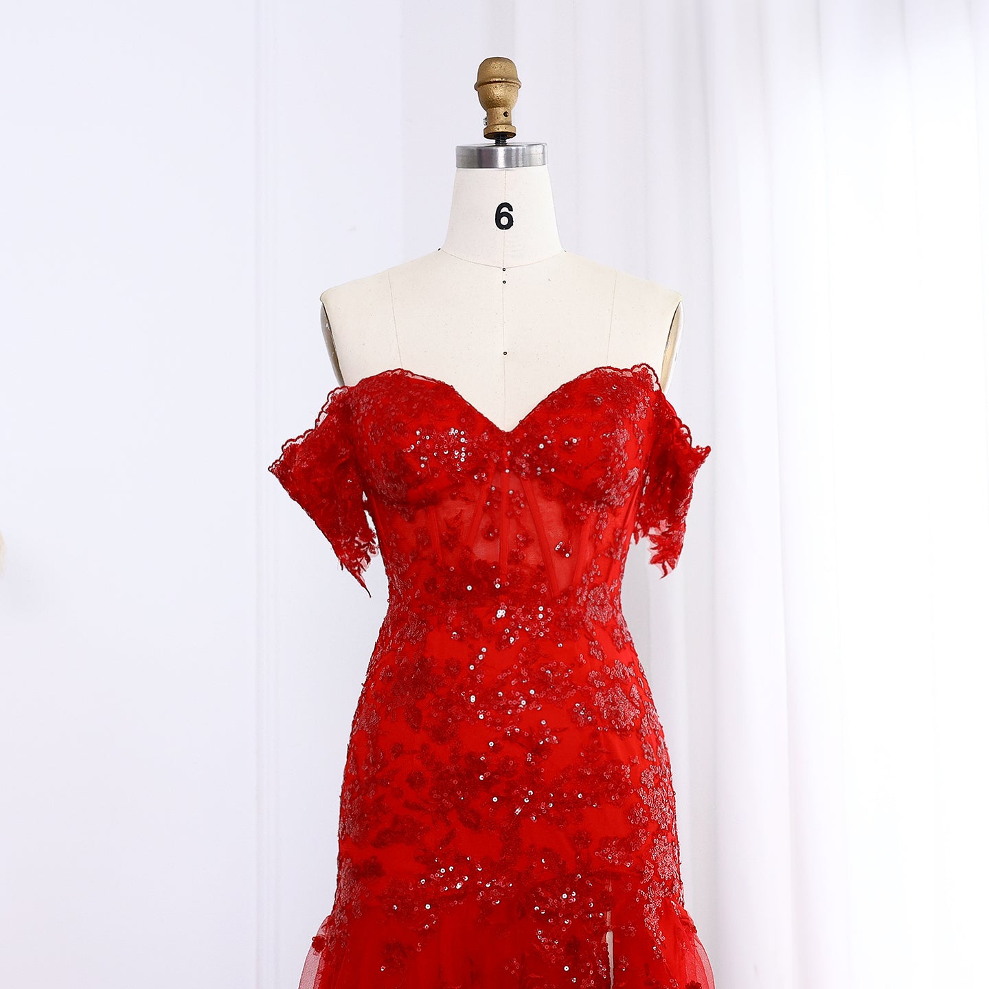 Off-Shoulder Ruffled Lace A-Line Evening Dress with High Slit and Sequins SH151 - SHEER FAIRY