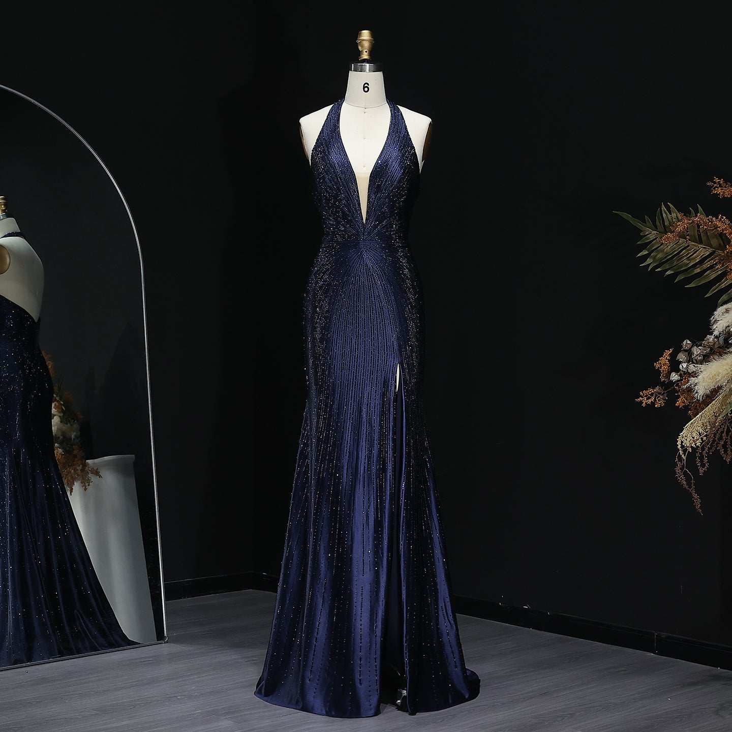 Sparkly Crystal Gold Halter Mermaid Prom Dresses with Slit Open Back Long Women Party Evening Gowns