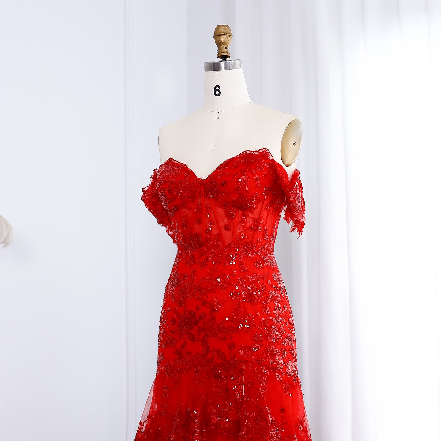 Off-Shoulder Ruffled Lace A-Line Evening Dress with High Slit and Sequins SH151 - SHEER FAIRY