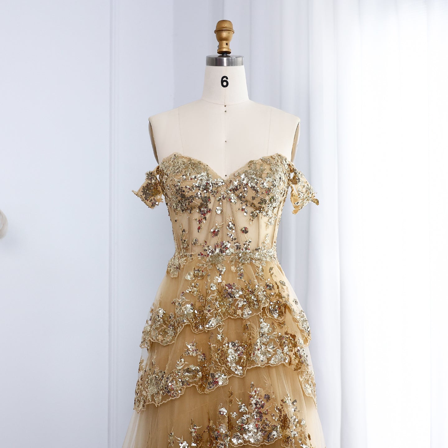 High Slit and Sequins Off-Shoulder Lace Ruffled A-Line Evening Gown SH150 - SHEER FAIRY