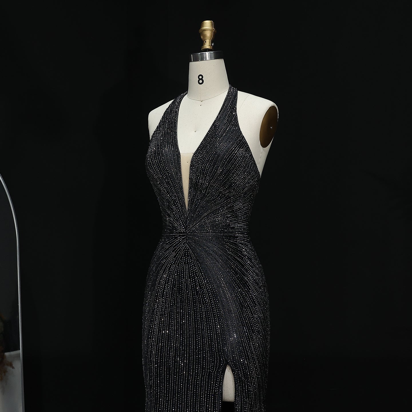 Sparkly Crystal Gold Halter Mermaid Prom Dresses with Slit Open Back Long Women Party Evening Gowns