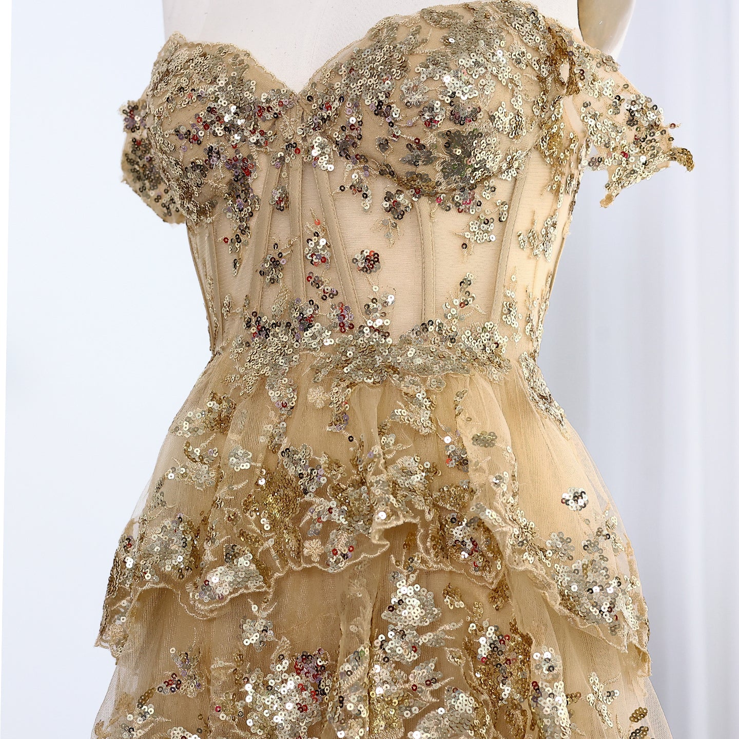 High Slit and Sequins Off-Shoulder Lace Ruffled A-Line Evening Gown SH150 - SHEER FAIRY