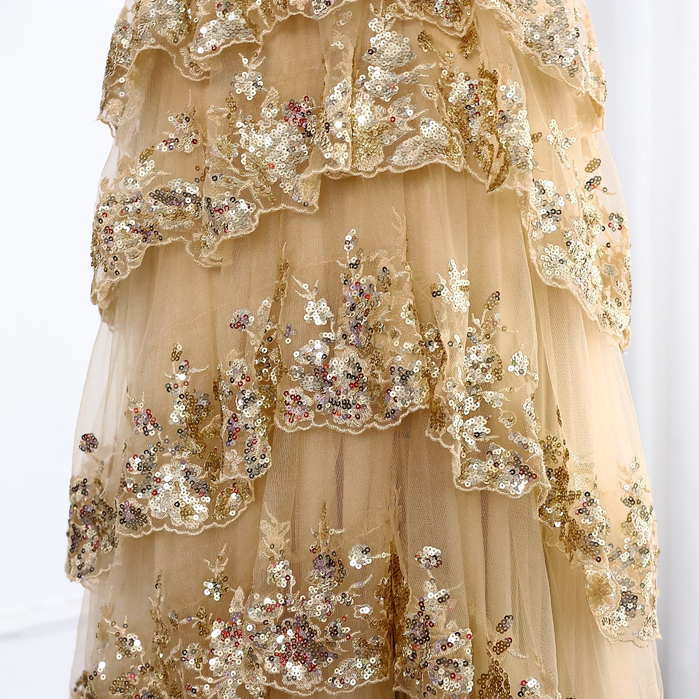 High Slit and Sequins Off-Shoulder Lace Ruffled A-Line Evening Gown SH150 - SHEER FAIRY