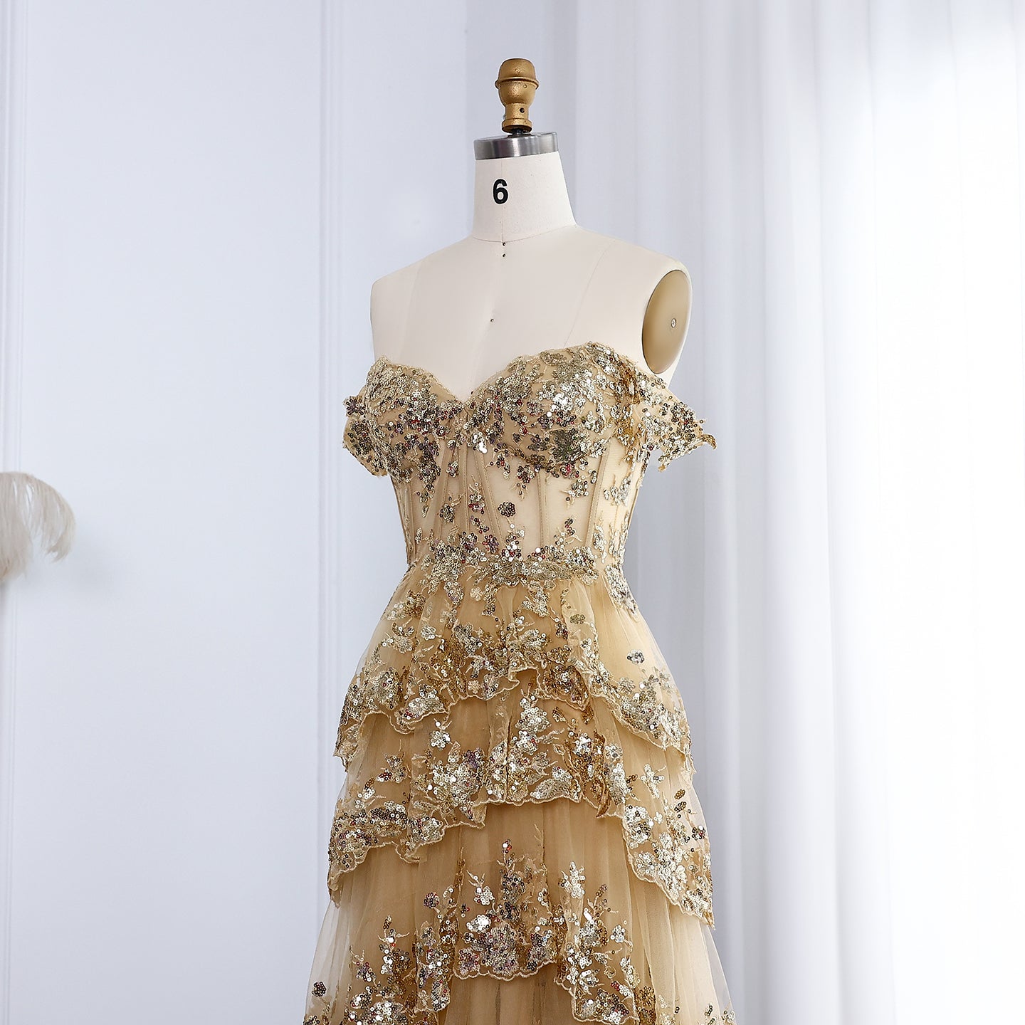 High Slit and Sequins Off-Shoulder Lace Ruffled A-Line Evening Gown SH150 - SHEER FAIRY