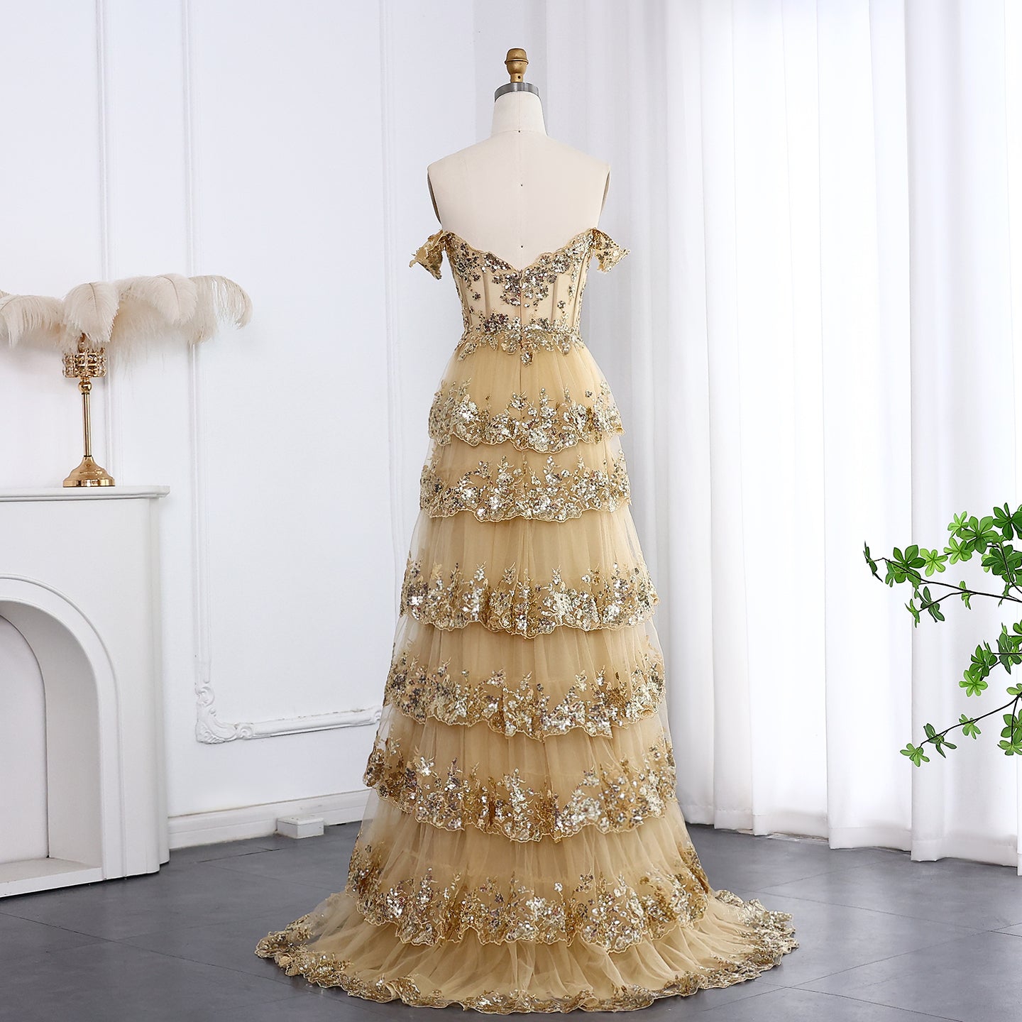 High Slit and Sequins Off-Shoulder Lace Ruffled A-Line Evening Gown SH150 - SHEER FAIRY