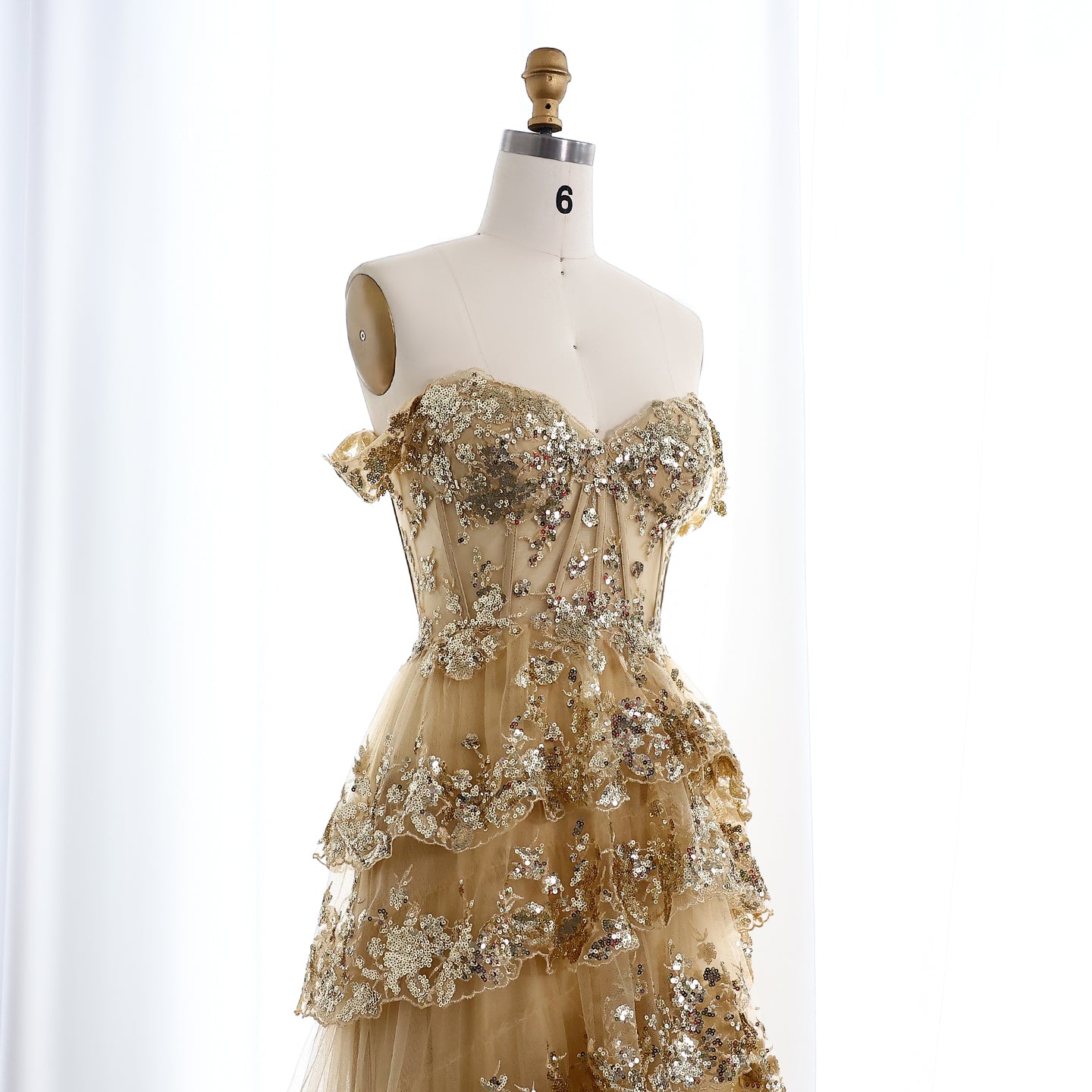 High Slit and Sequins Off-Shoulder Lace Ruffled A-Line Evening Gown SH150 - SHEER FAIRY