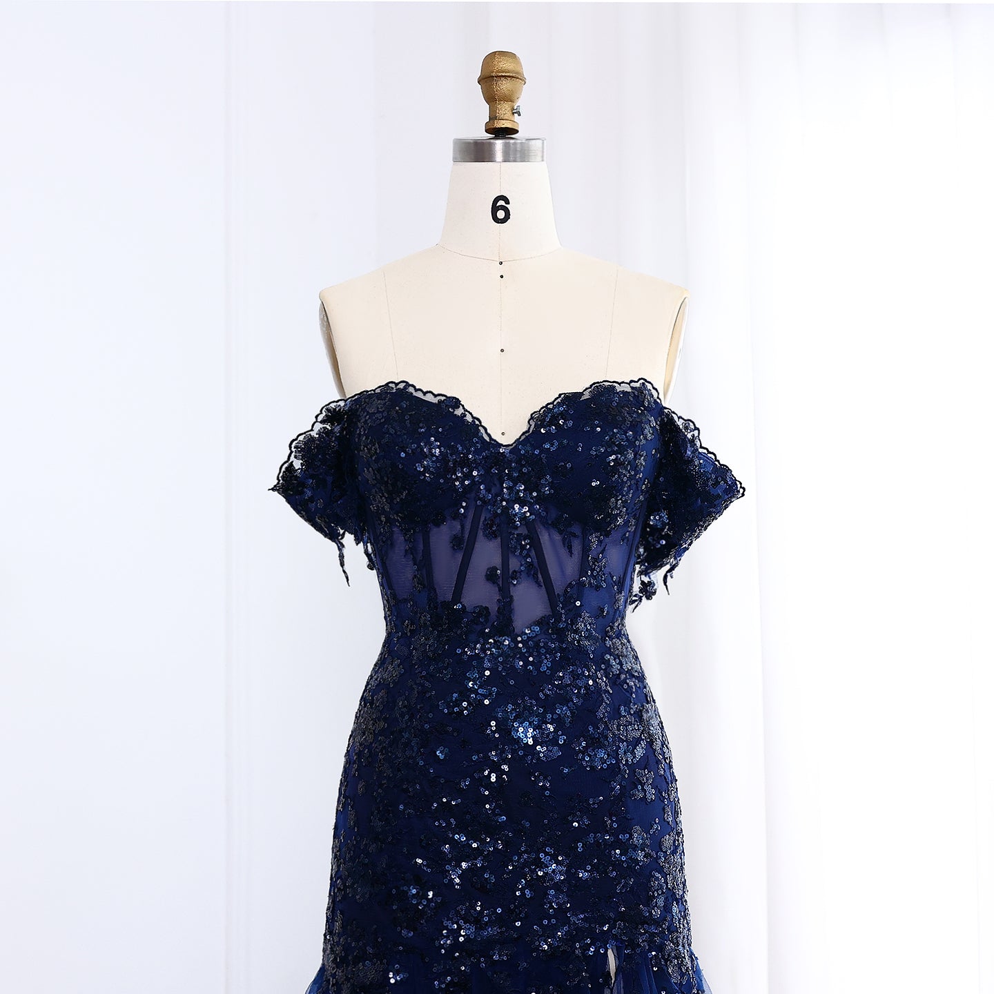 Off-Shoulder Ruffled Lace A-Line Evening Dress with High Slit and Sequins SH151 - SHEER FAIRY