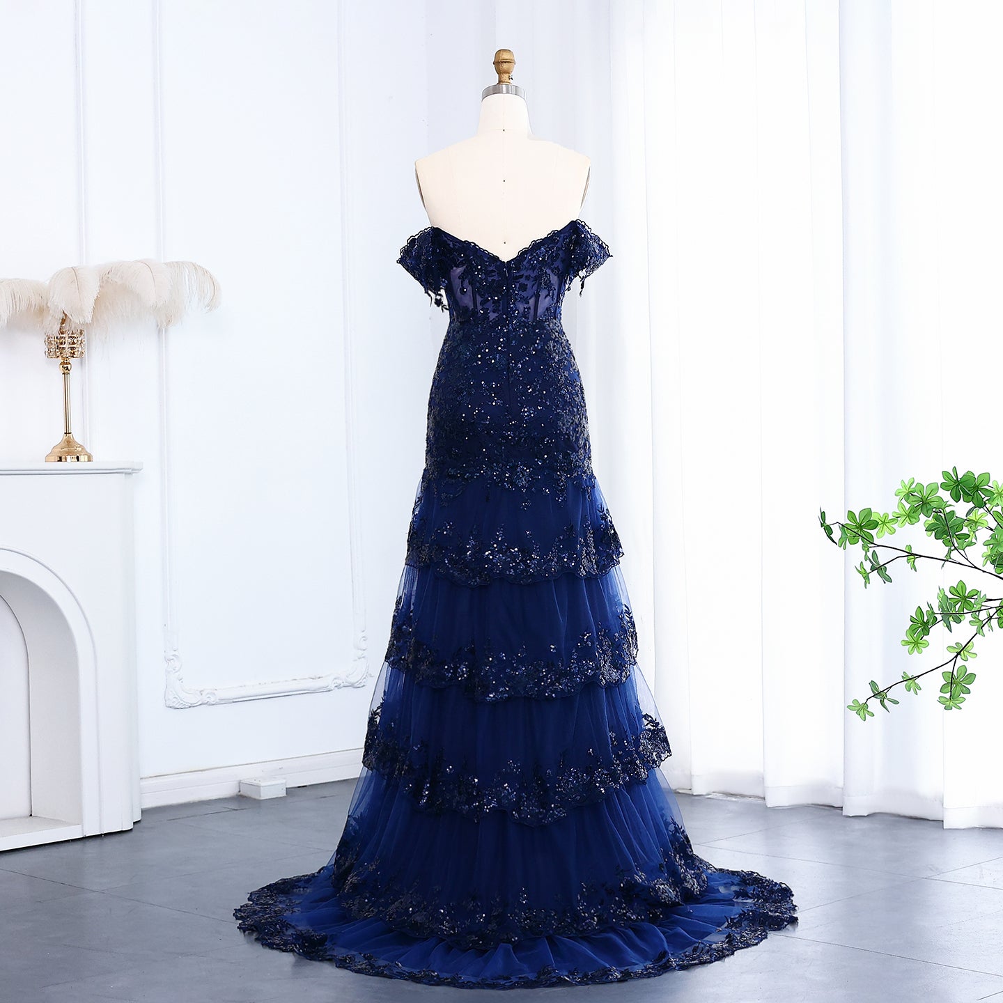 Off-Shoulder Ruffled Lace A-Line Evening Dress with High Slit and Sequins SH151 - SHEER FAIRY