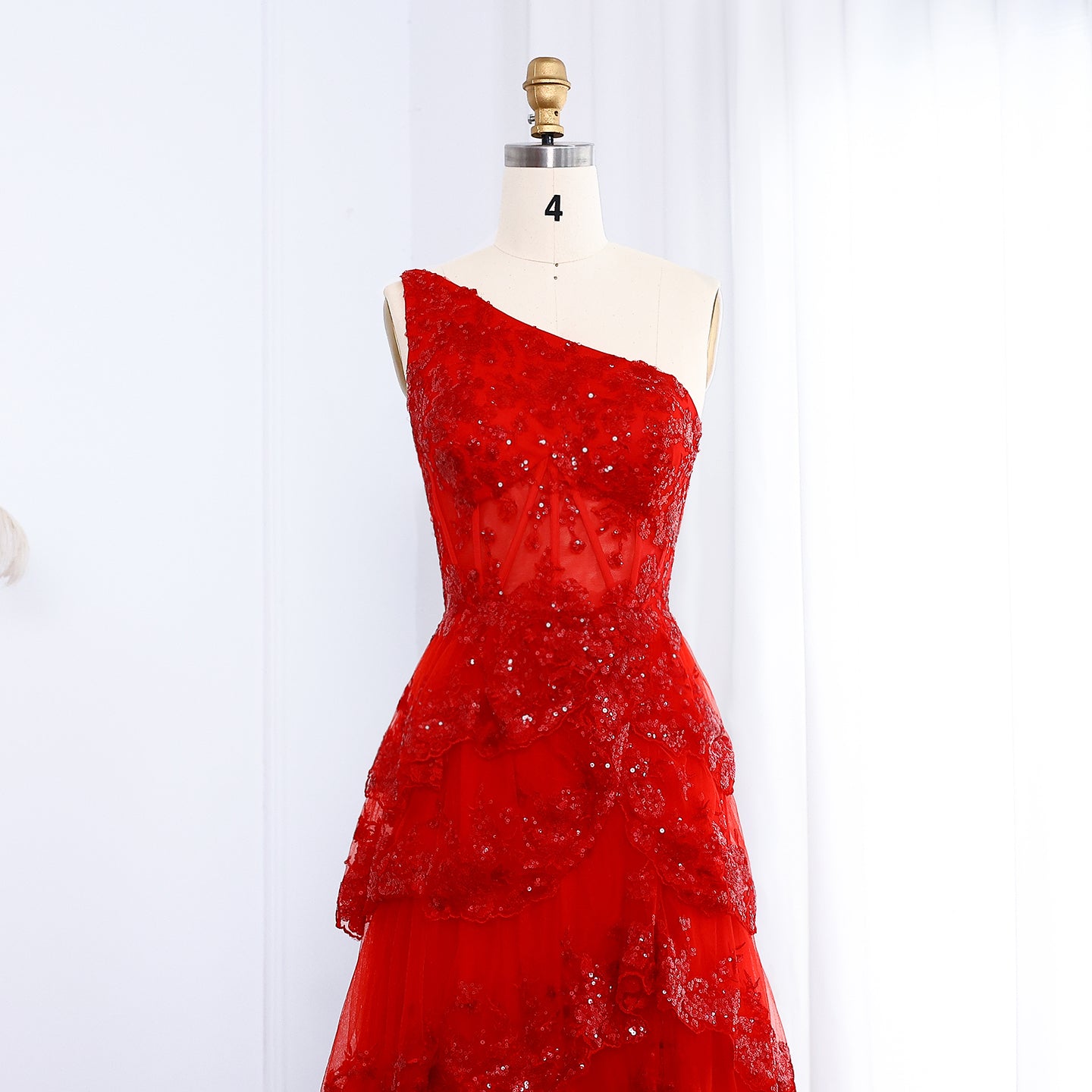 Ruffled Lace Sequin A-Line One-Shoulder Prom Dress SH156 - SHEER FAIRY