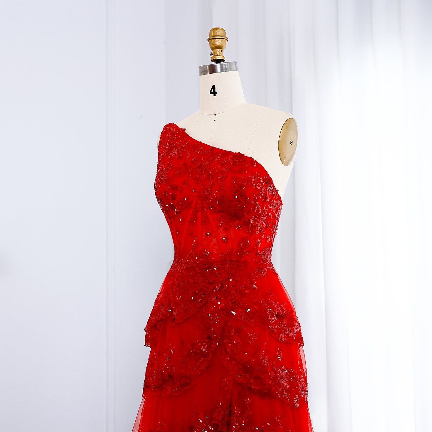 Ruffled Lace Sequin A-Line One-Shoulder Prom Dress SH156 - SHEER FAIRY