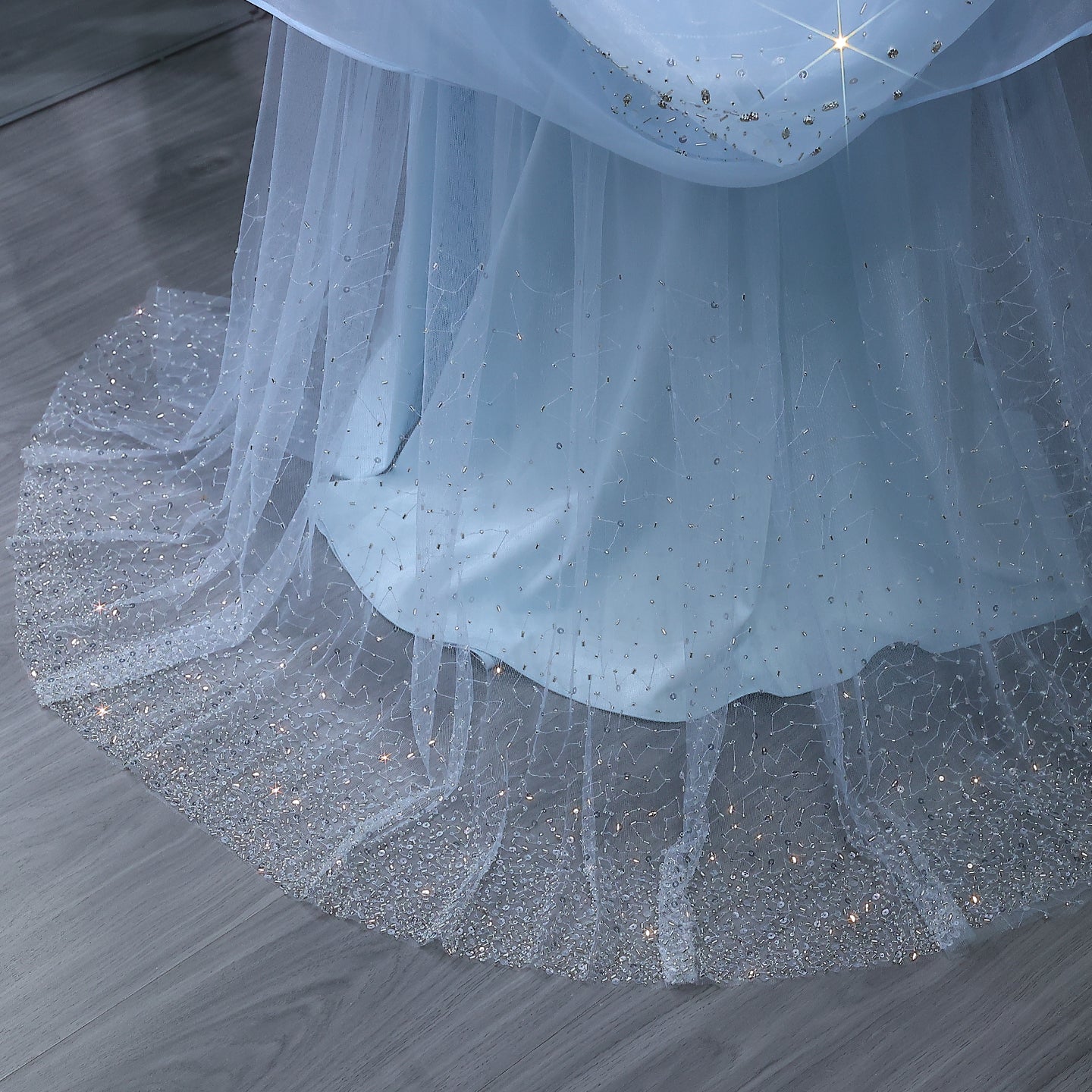 Blue Square Neck Beaded  Flared Sleeves Mermaid Evening Dress SS261