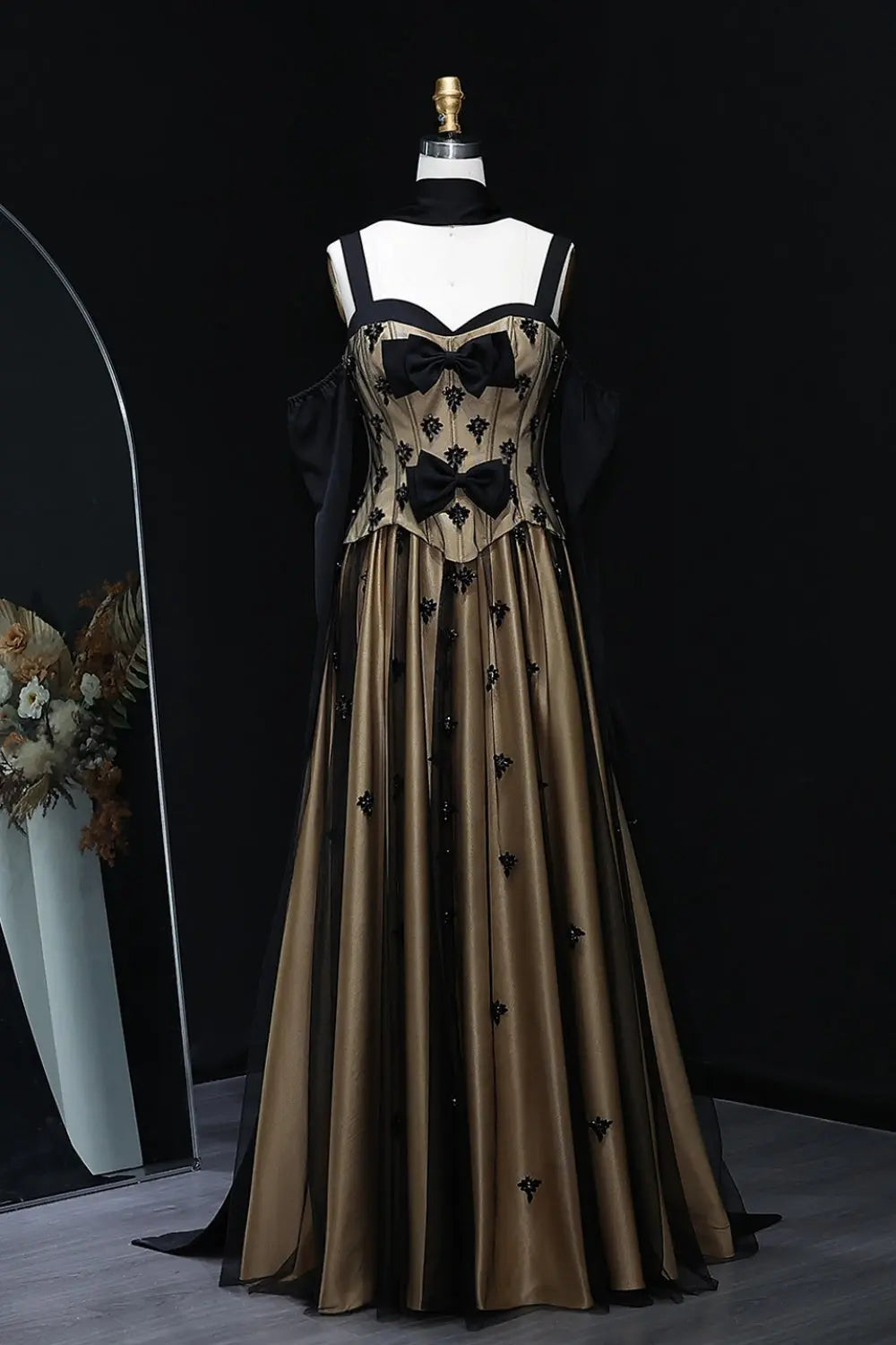 Black and Gold Gothic Ball Gown Evening Dress with 3D Floral SF241 Sheer Fairy