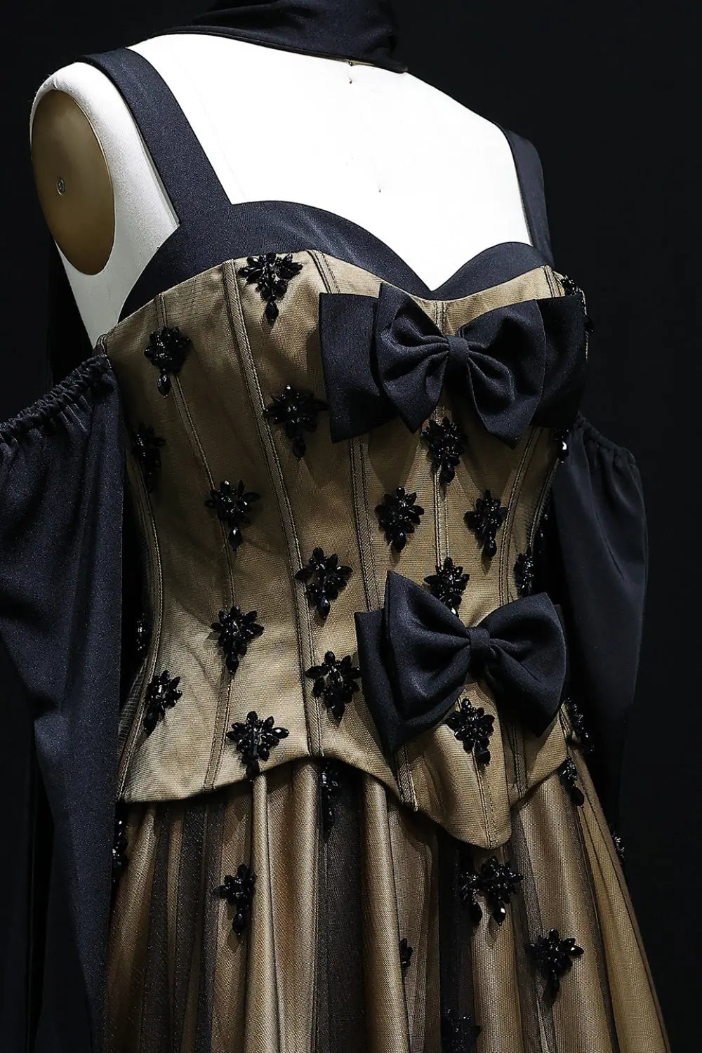 Black and Gold Gothic Ball Gown Evening Dress with 3D Floral SF241 Sheer Fairy