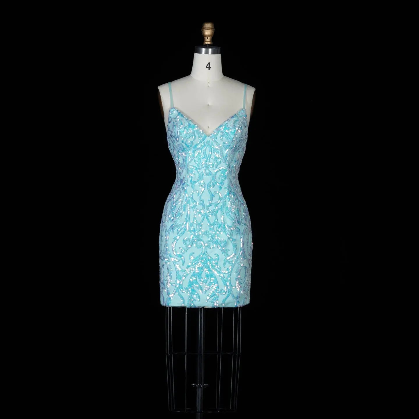 Aqua Blue Sequined Spaghetti Strap Sheath Mini Homecoming Dress RM175 Sheer Fairy