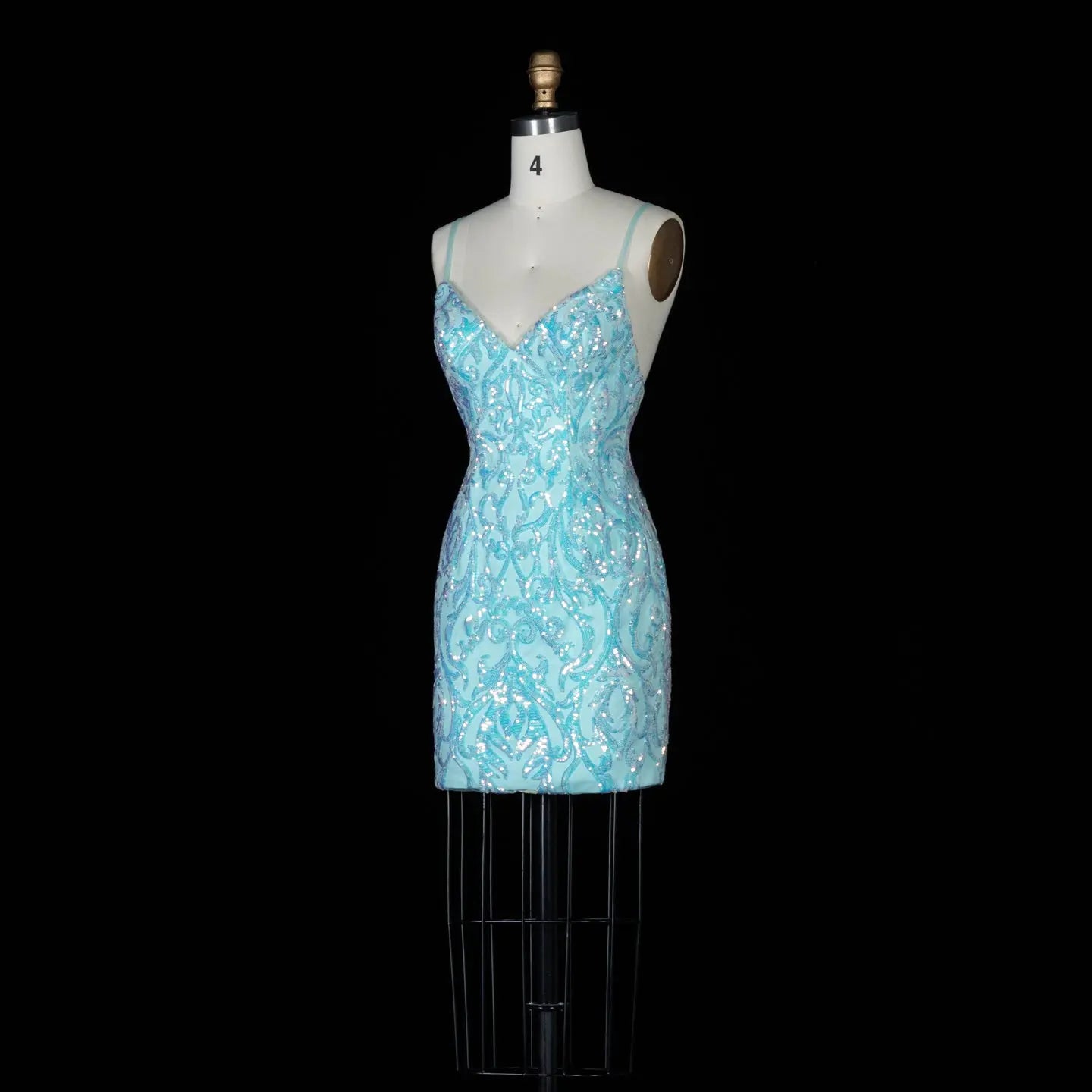 Aqua Blue Sequined Spaghetti Strap Sheath Mini Homecoming Dress RM175 Sheer Fairy