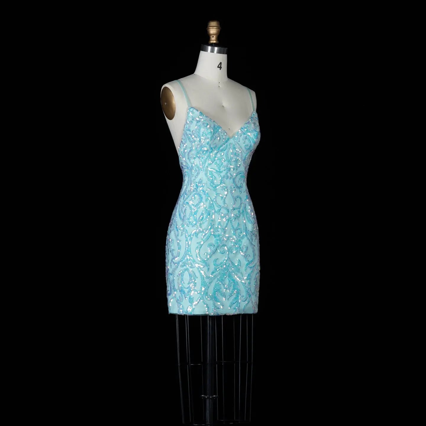 Aqua Blue Sequined Spaghetti Strap Sheath Mini Homecoming Dress RM175 Sheer Fairy