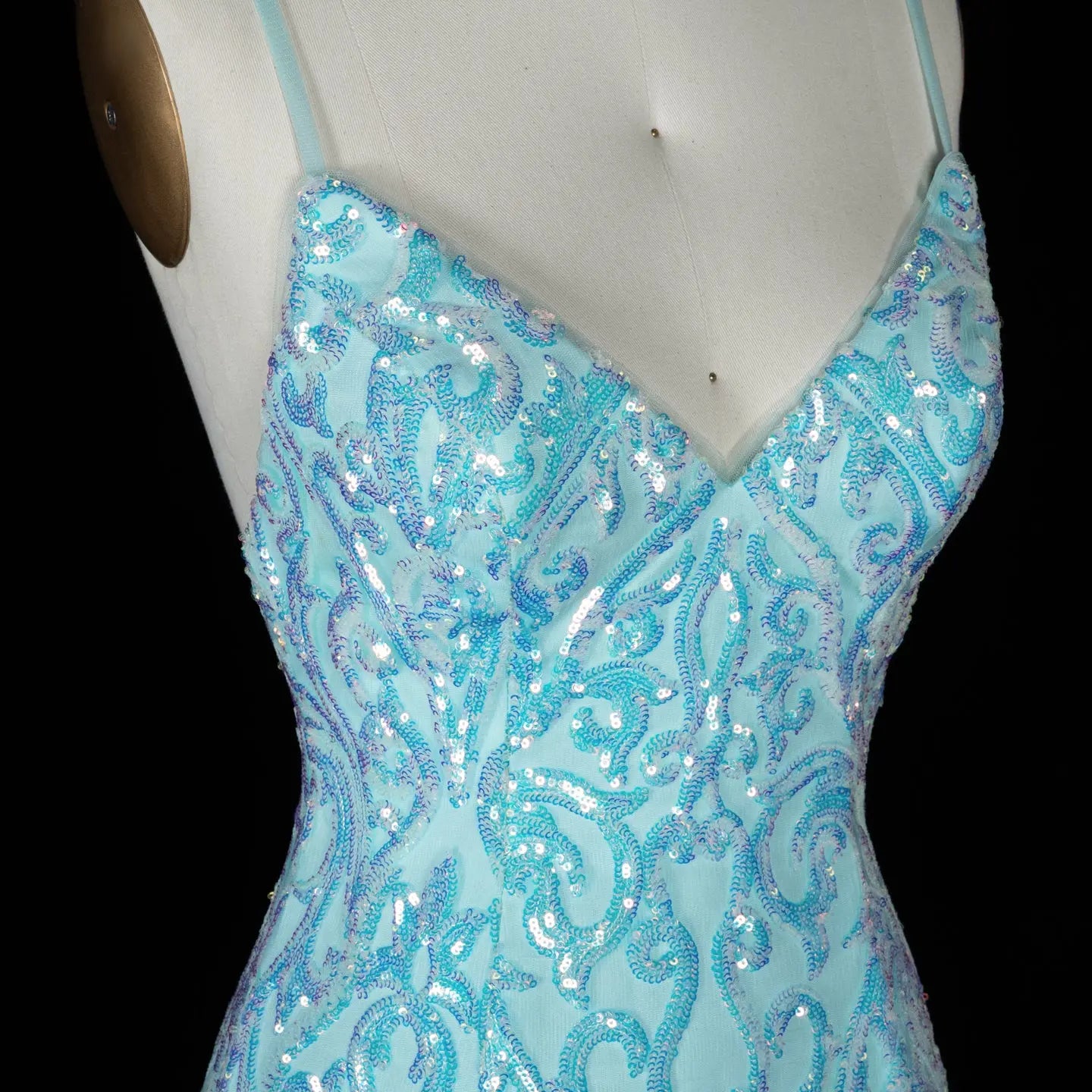 Aqua Blue Sequined Spaghetti Strap Sheath Mini Homecoming Dress RM175 Sheer Fairy