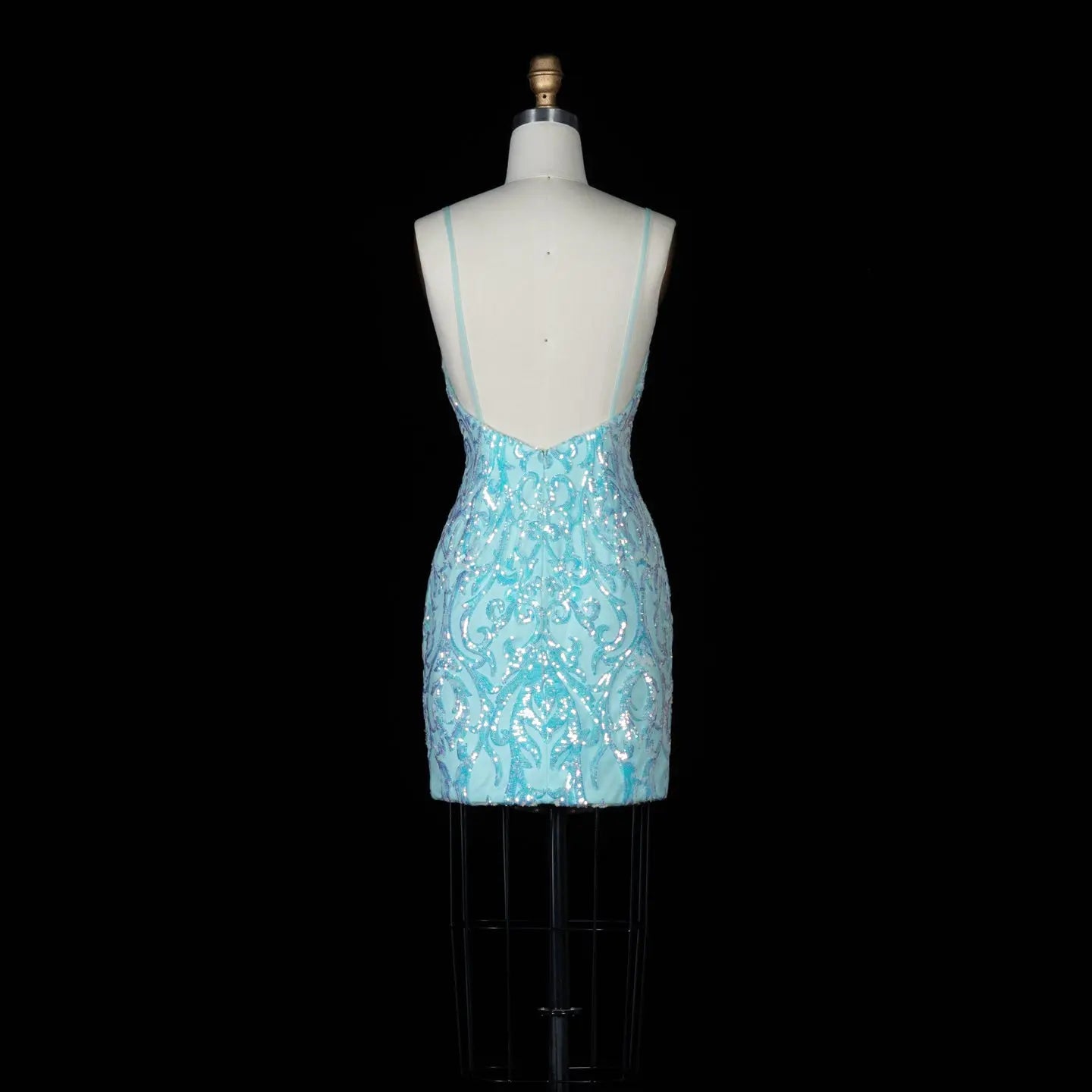 Aqua Blue Sequined Spaghetti Strap Sheath Mini Homecoming Dress RM175 Sheer Fairy