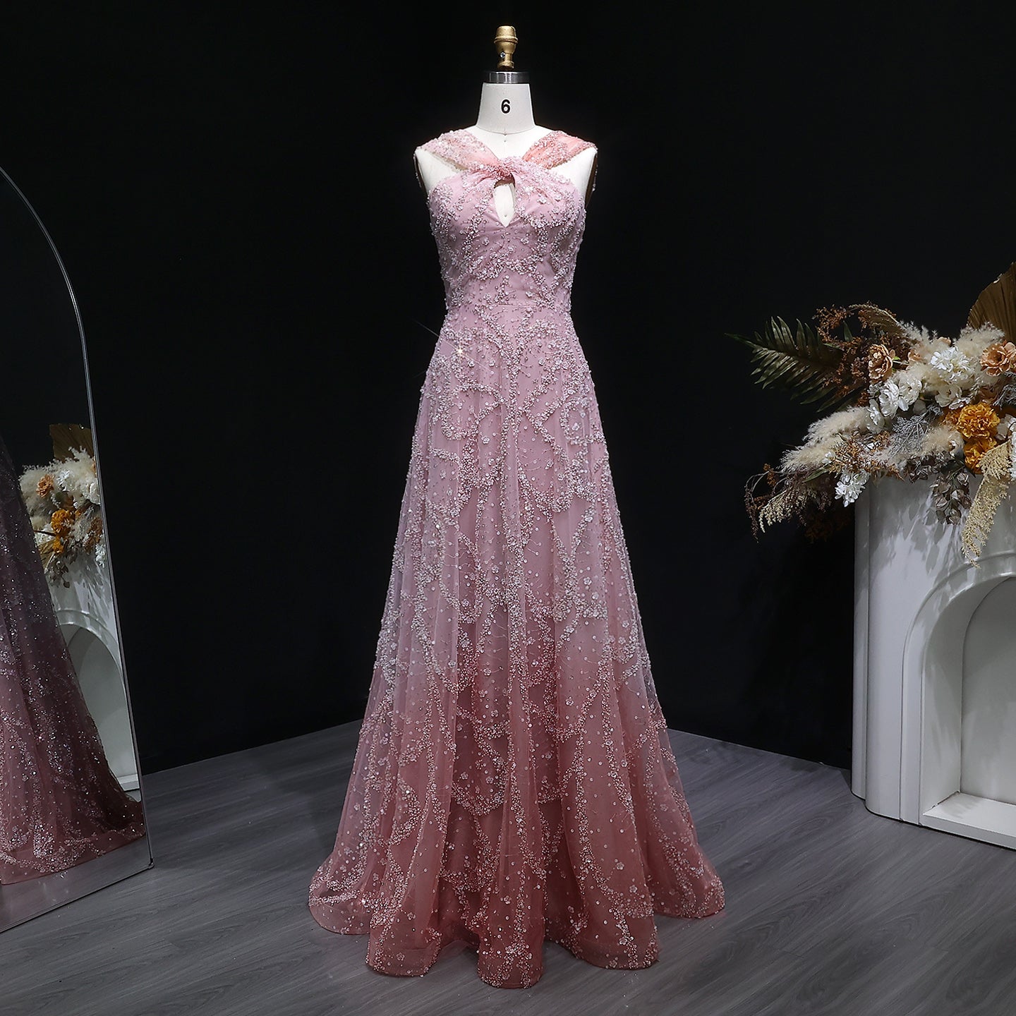 Blush Pink Halter Neck Beaded Floral A-Line Evening Dress Gown SS709 Sheer Fairy