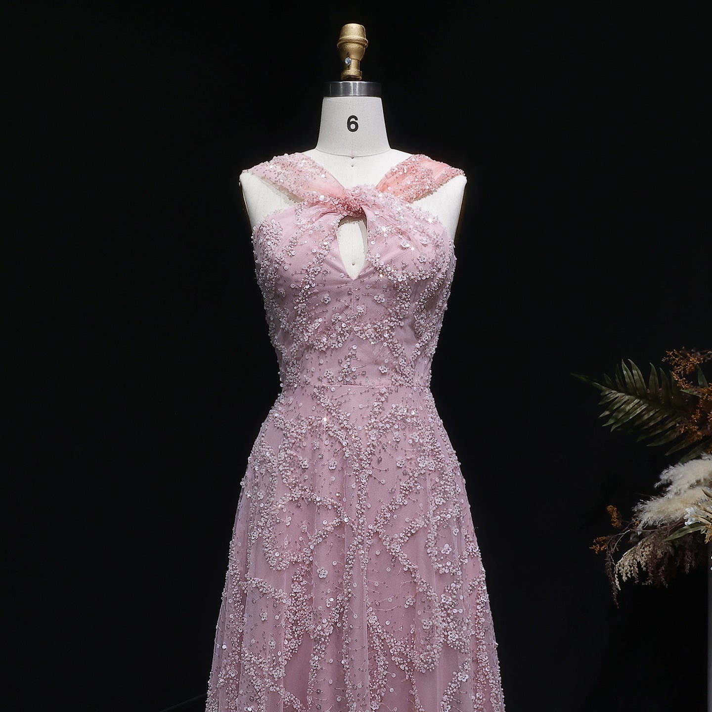 Blush Pink Halter Neck Beaded Floral A-Line Evening Dress Gown SS709 Sheer Fairy