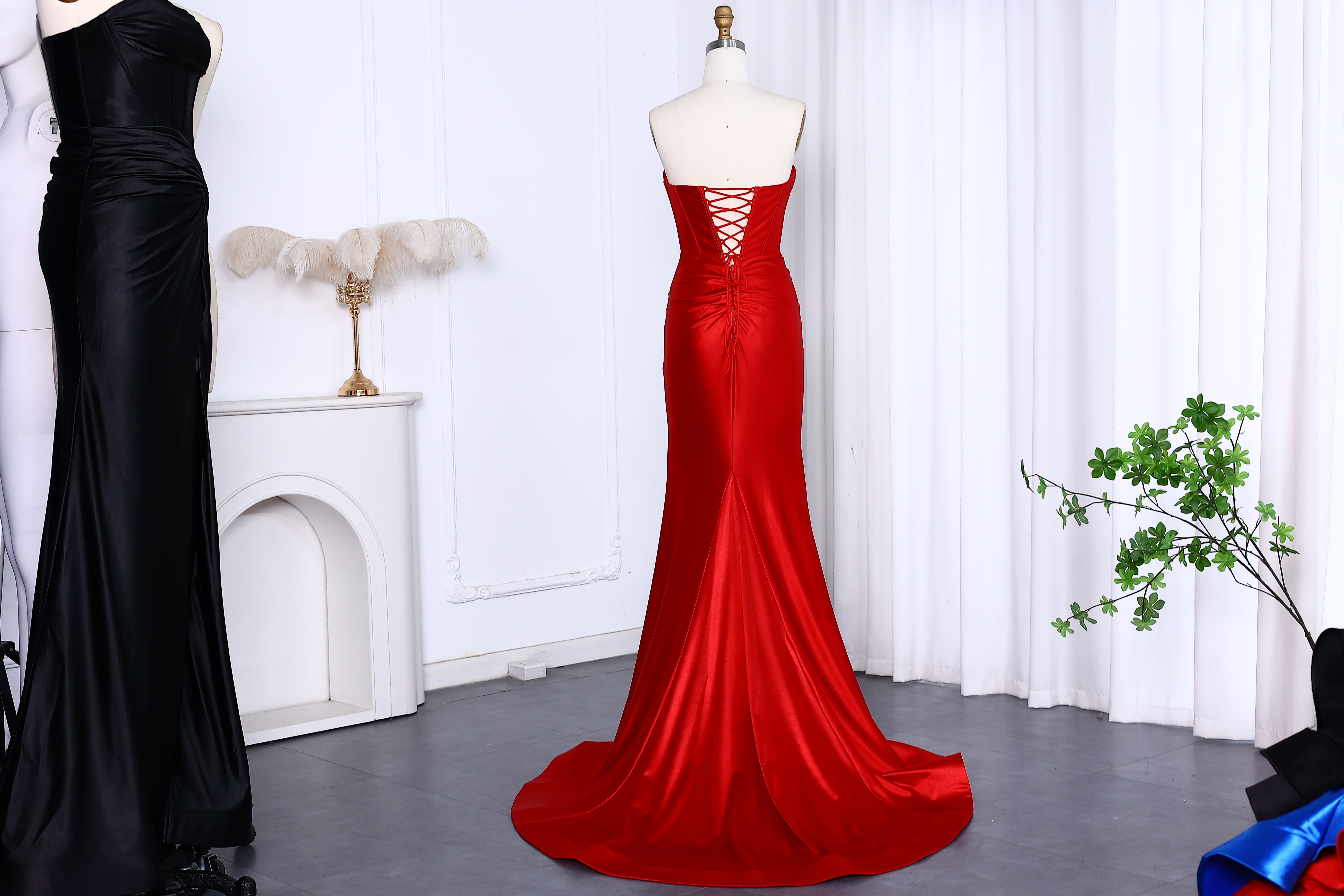 Elegant Strapless Mermaid Satin Long Prom Dress With Slit 2025 Long Girls Birthday Party Gowns