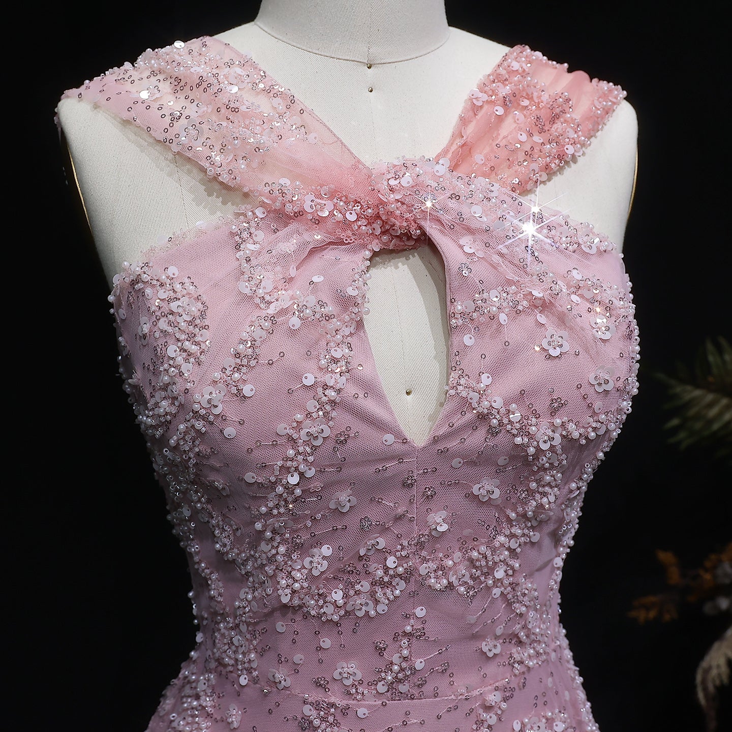 Blush Pink Halter Neck Beaded Floral A-Line Evening Dress Gown SS709 Sheer Fairy