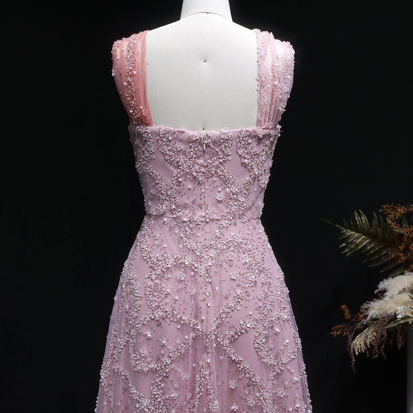 Blush Pink Halter Neck Beaded Floral A-Line Evening Dress Gown SS709 Sheer Fairy
