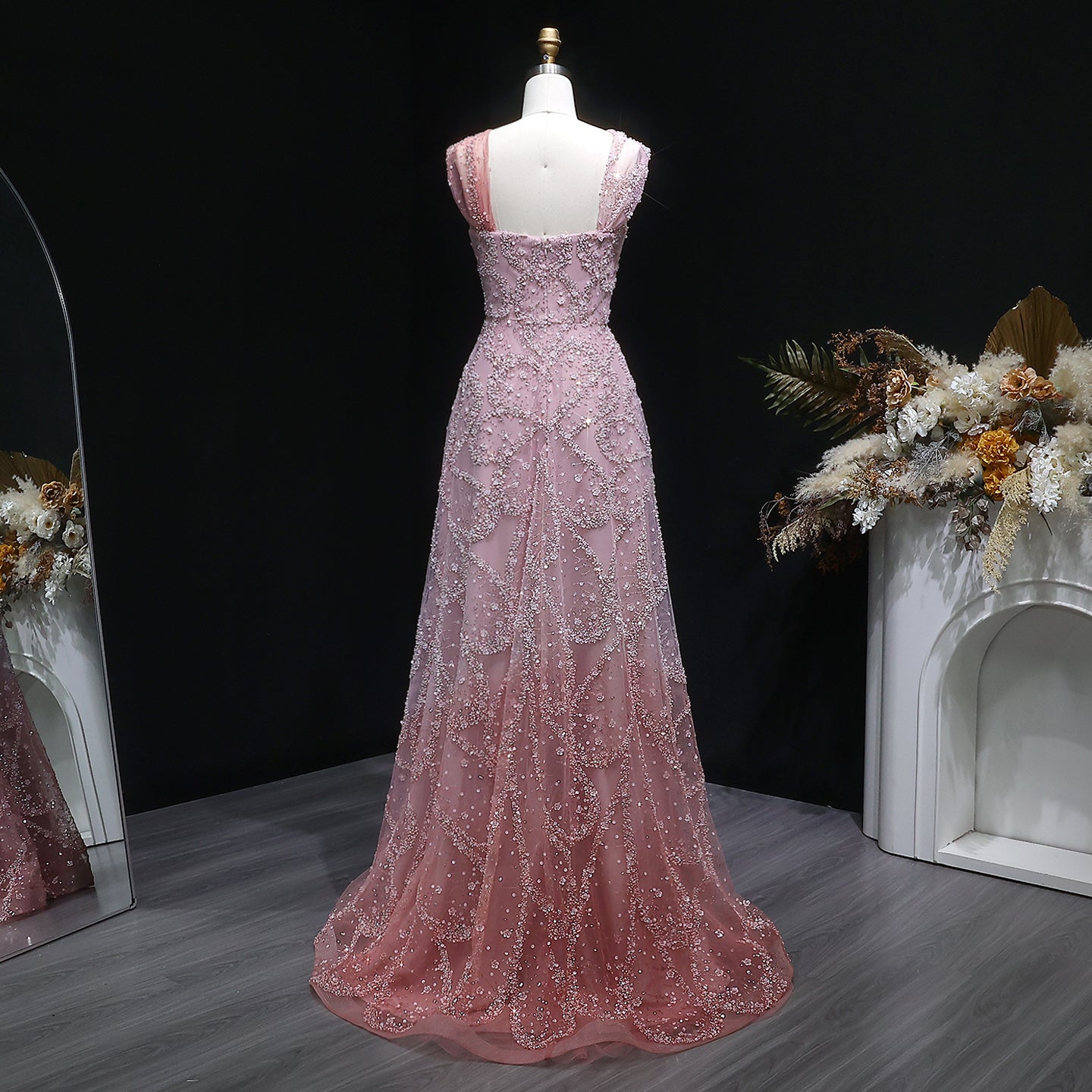 Blush Pink Halter Neck Beaded Floral A-Line Evening Dress Gown SS709 Sheer Fairy