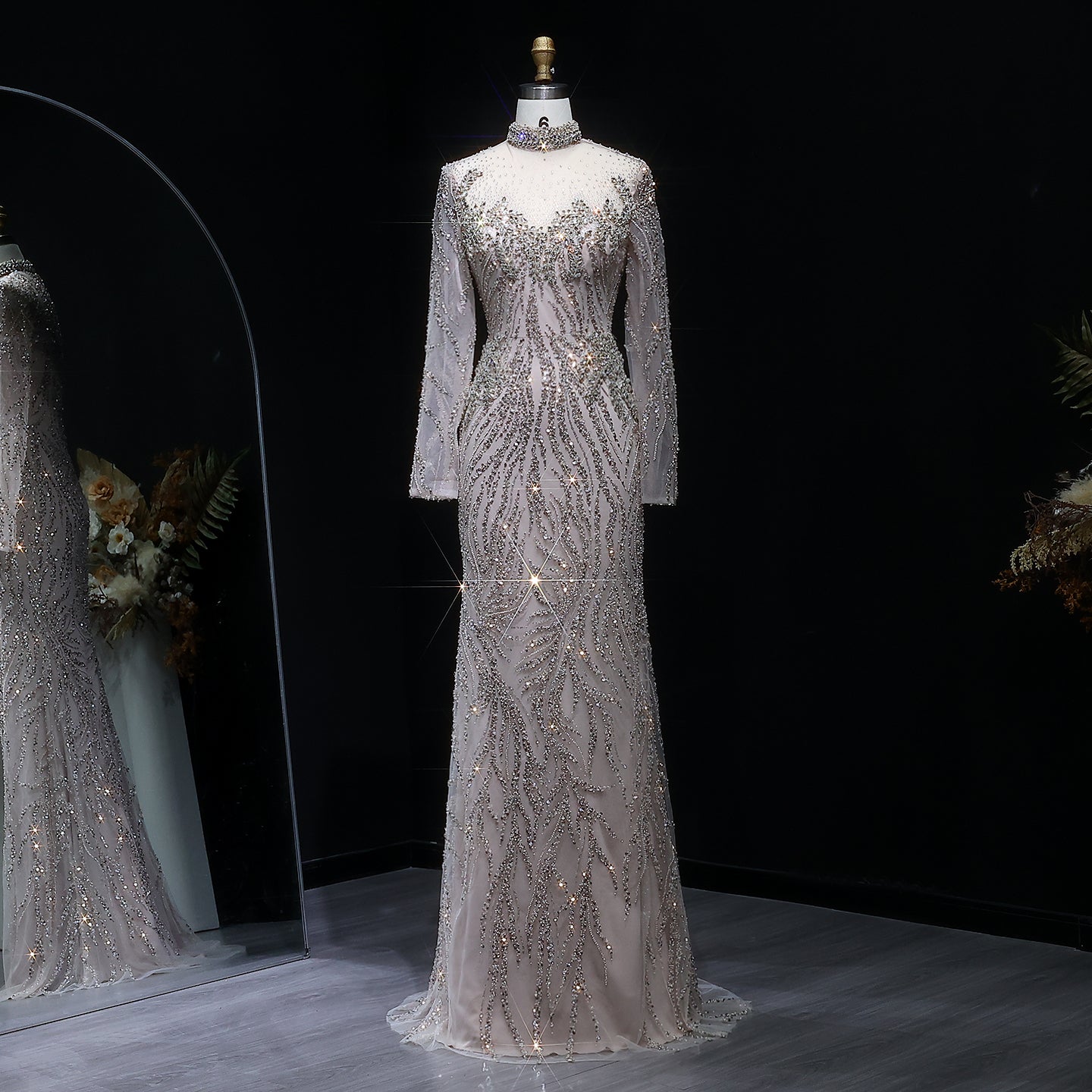 Modest Beaded High Neck Mermaid Long Sleeve Evening Dress SS623