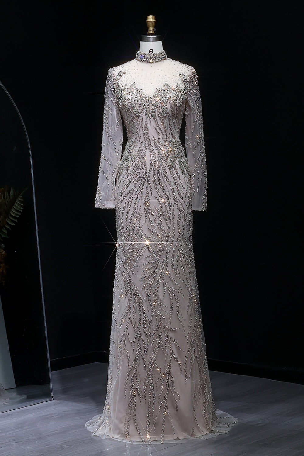 Modest Beaded High Neck Mermaid Long Sleeve Evening Dress SS623 Sheer Fairy