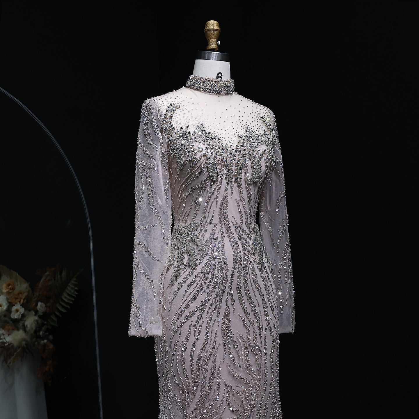 Modest Beaded High Neck Mermaid Long Sleeve Evening Dress SS623
