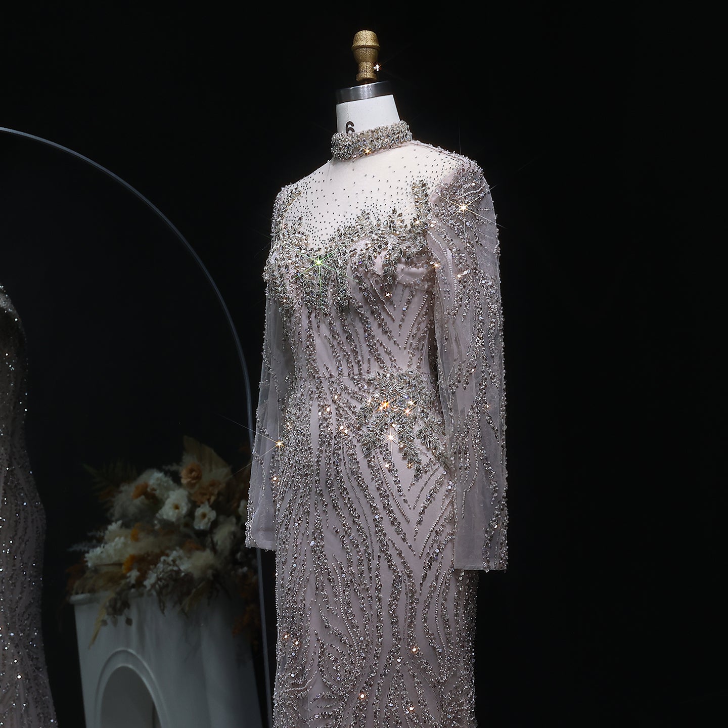 Modest Beaded High Neck Mermaid Long Sleeve Evening Dress SS623