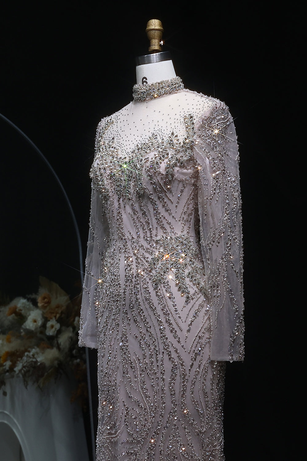 Modest Beaded High Neck Mermaid Long Sleeve Evening Dress SS623 Sheer Fairy