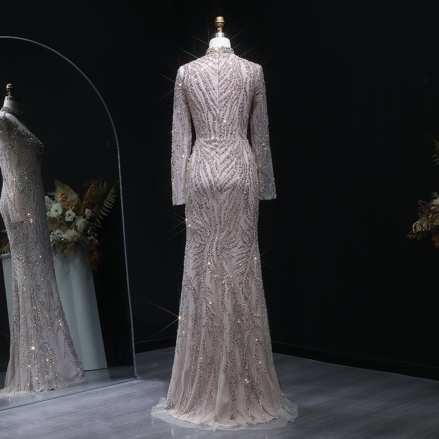 Modest Beaded High Neck Mermaid Long Sleeve Evening Dress SS623