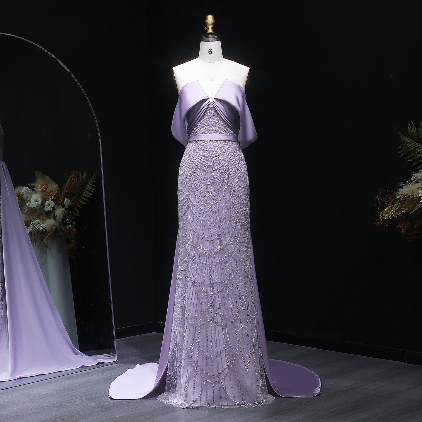 Lilac Modest Evening Dress with Satin Cape Overlay & Crystal Beaded SS624 Sheer Fairy