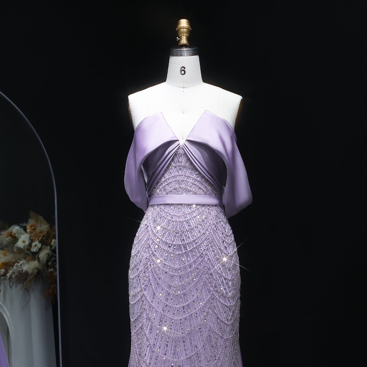 Lilac Modest Evening Dress with Satin Cape Overlay & Crystal Beaded SS624 Sheer Fairy