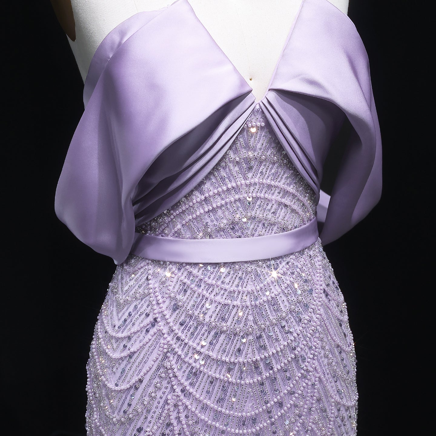 Lilac Modest Evening Dress with Satin Cape Overlay & Crystal Beaded SS624 Sheer Fairy