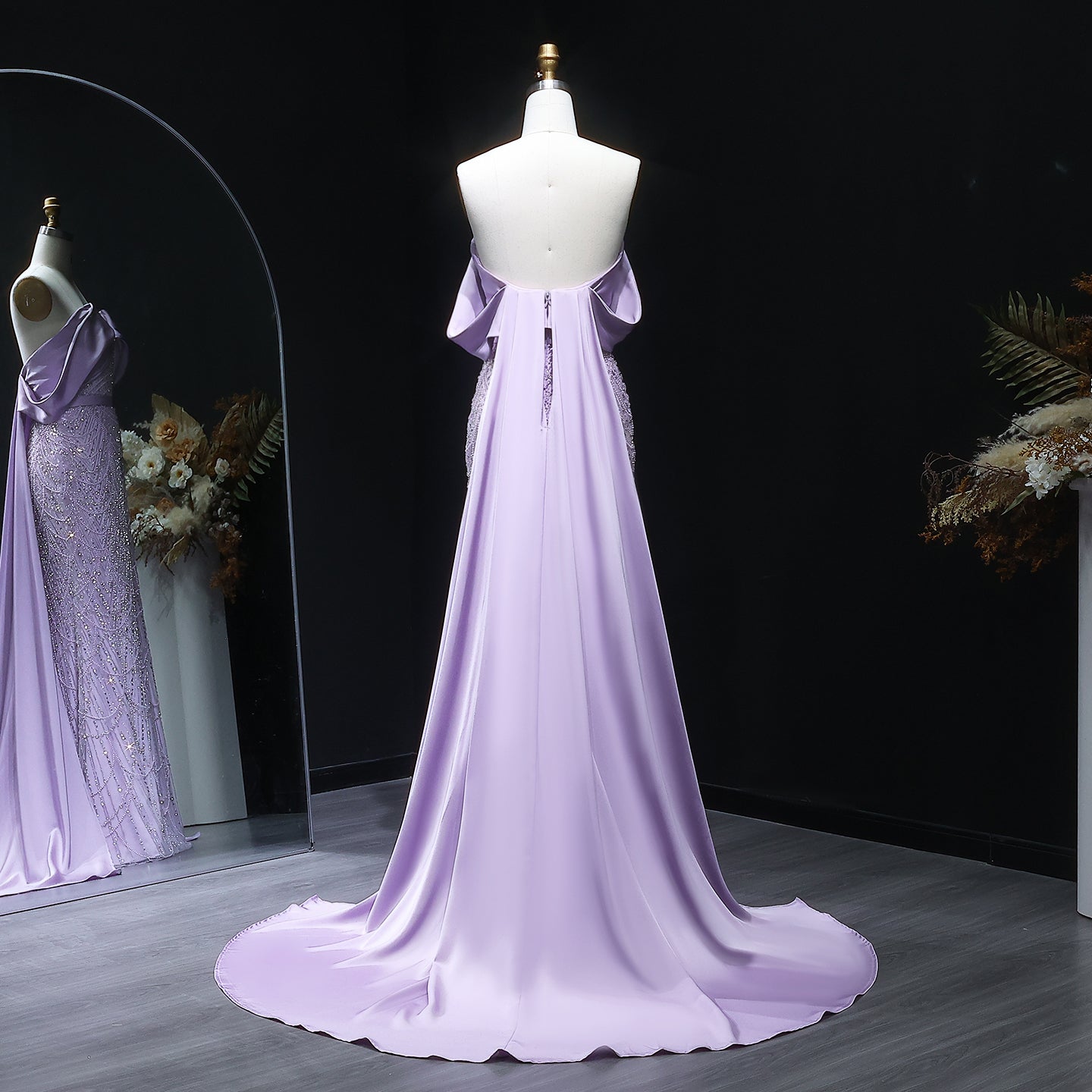 Lilac Modest Evening Dress with Satin Cape Overlay & Crystal Beaded SS624 Sheer Fairy
