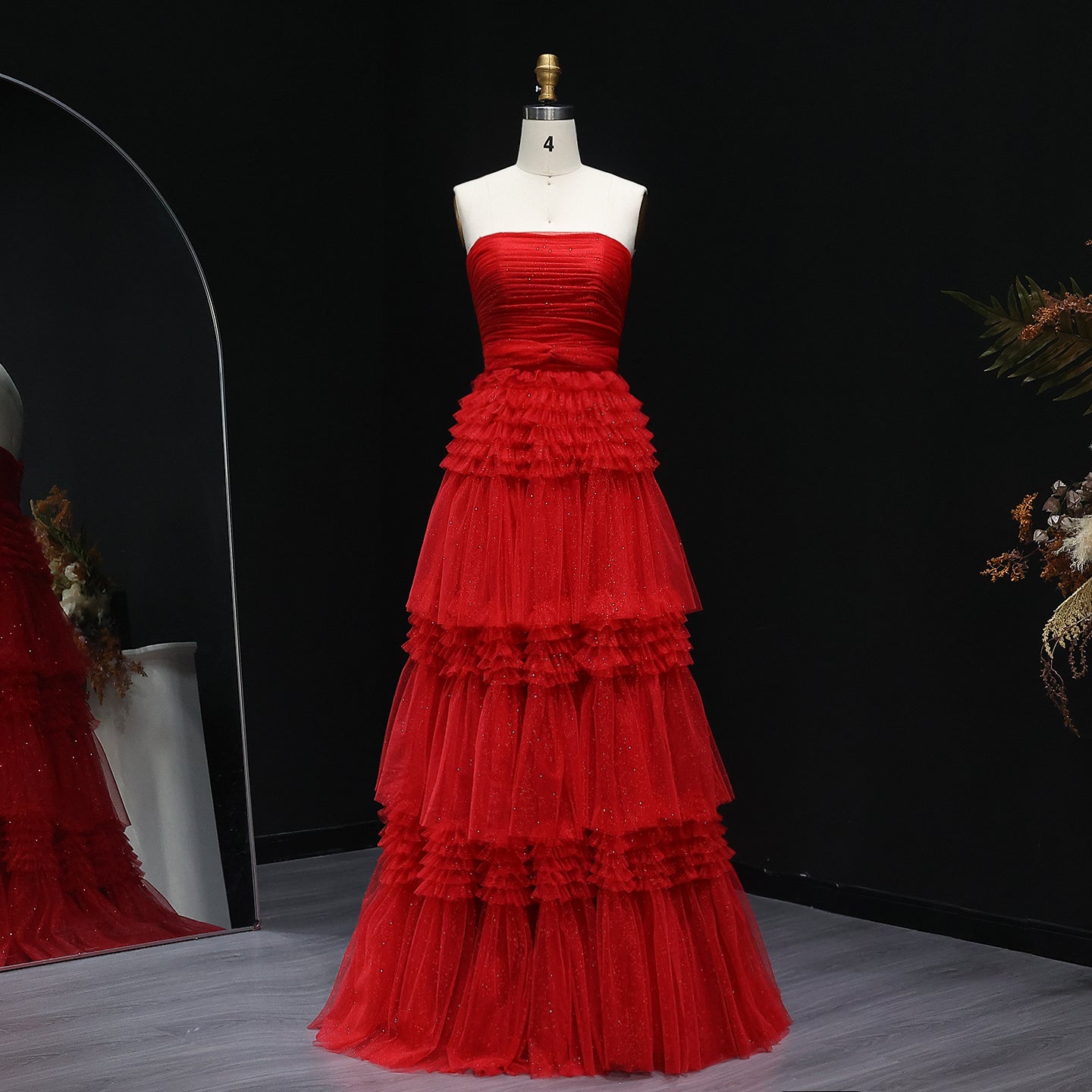 Red Strapless Ruffled Tulle A-Line Off Shoulder Evening Dress SH158