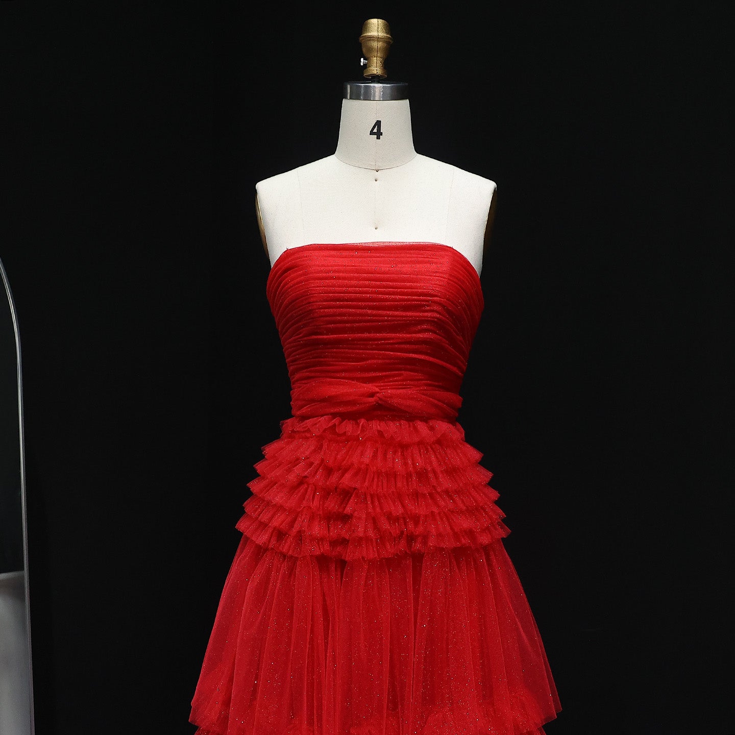Red Strapless Ruffled Tulle A-Line Off Shoulder Evening Dress SH158