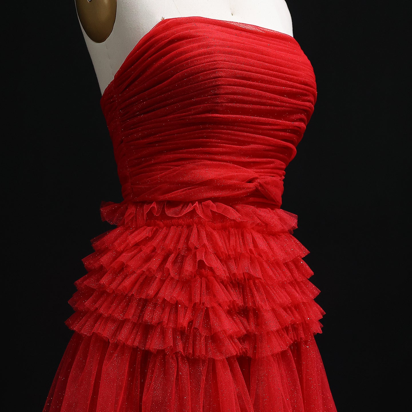 Red Strapless Ruffled Tulle A-Line Off Shoulder Evening Dress SH158